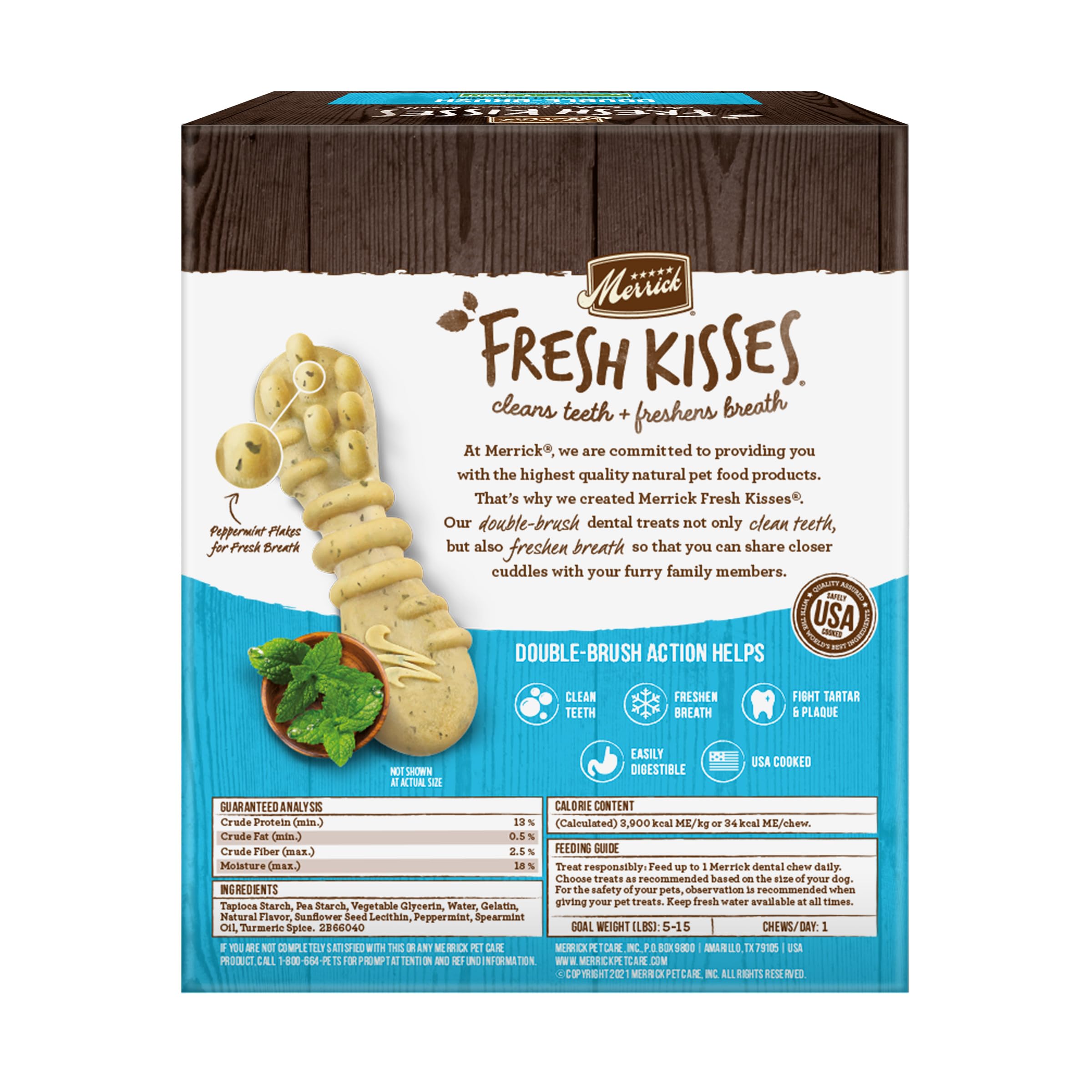 Merrick Fresh Kisses Natural Dental Chews Toothbrush Treat Shape Infused with Real Mint for Tiny Dogs 5-15 Lbs - 106 ct. Box