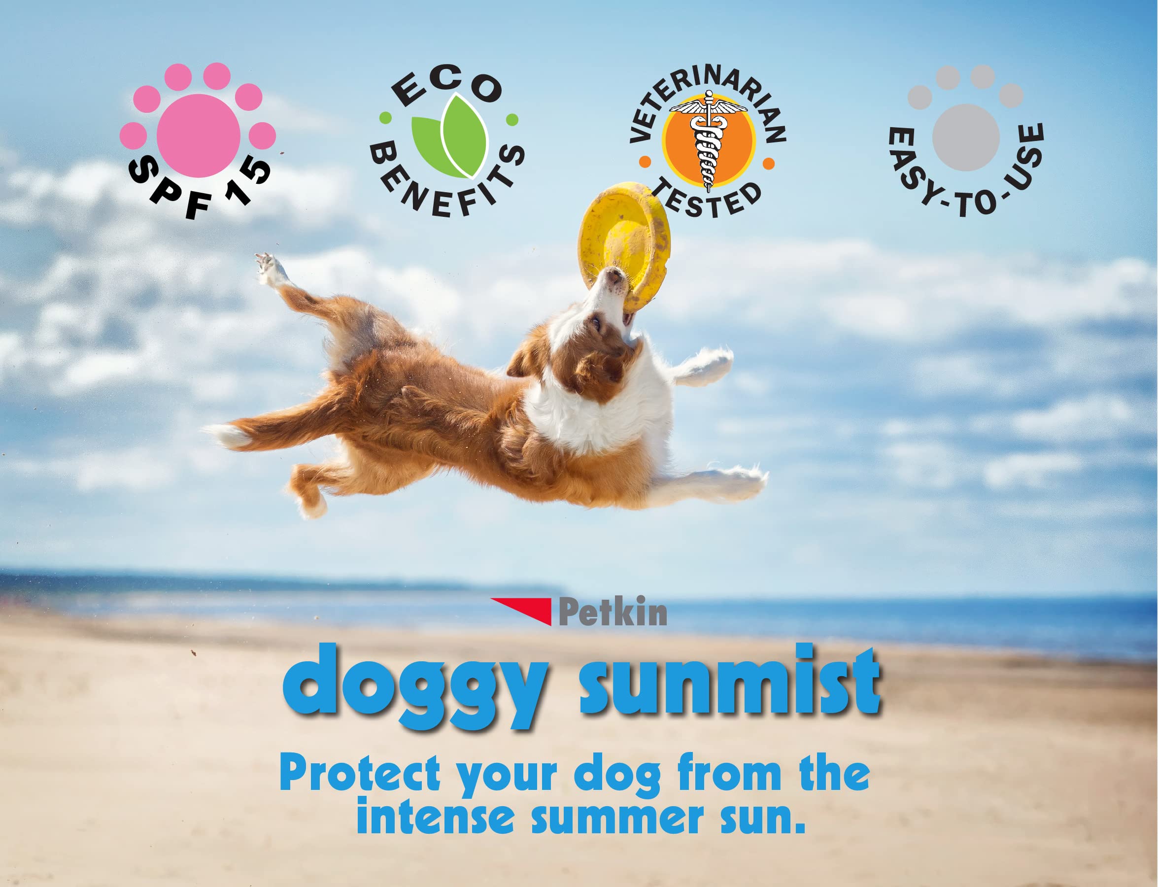 Petkin Dog Sunscreen Sunmist– Sunscreen for Dogs and Puppies, SPF 15 – Simply Spray on Anytime for Instant Sun Protection – Vanilla Coconut Scent, 4oz Bottle – Ideal for Home or Travel