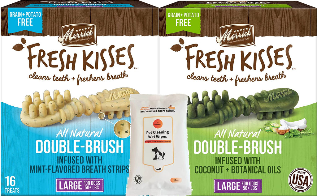 Merrick Fresh Kisses Double-Brush Large Dental Dog Treats (1) Coconut + Botanical Oils (1) Mint-Flavored Breath Strips