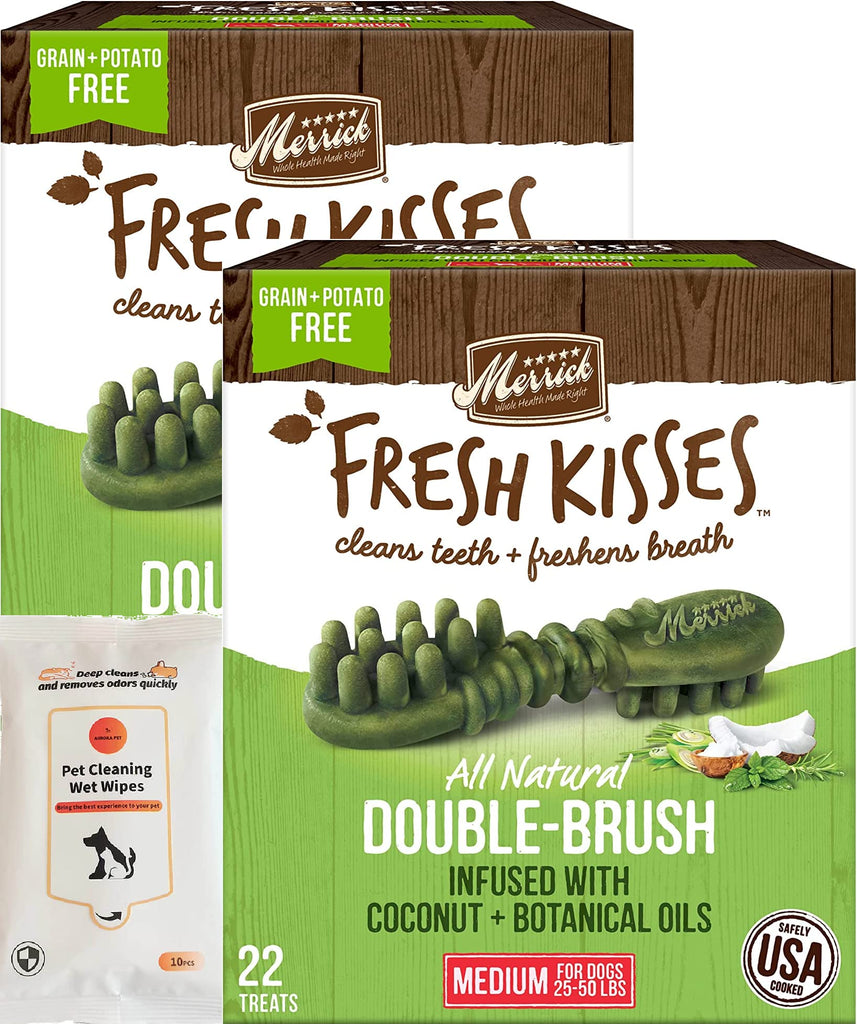 Merrick Fresh Kisses Double-Brush Coconut + Botanical Oils Infused Medium Dental Dog Treats (Pack of 2)