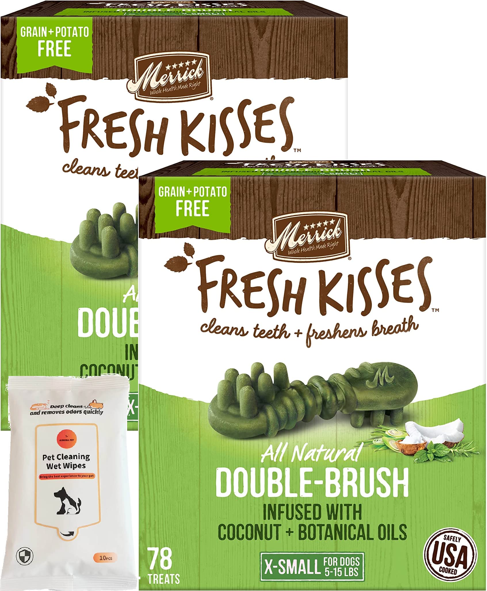 Merrick Fresh Kisses Double-Brush Coconut + Botanical Oils Infused X-Small Dental Dog Treats (Pack of 2)