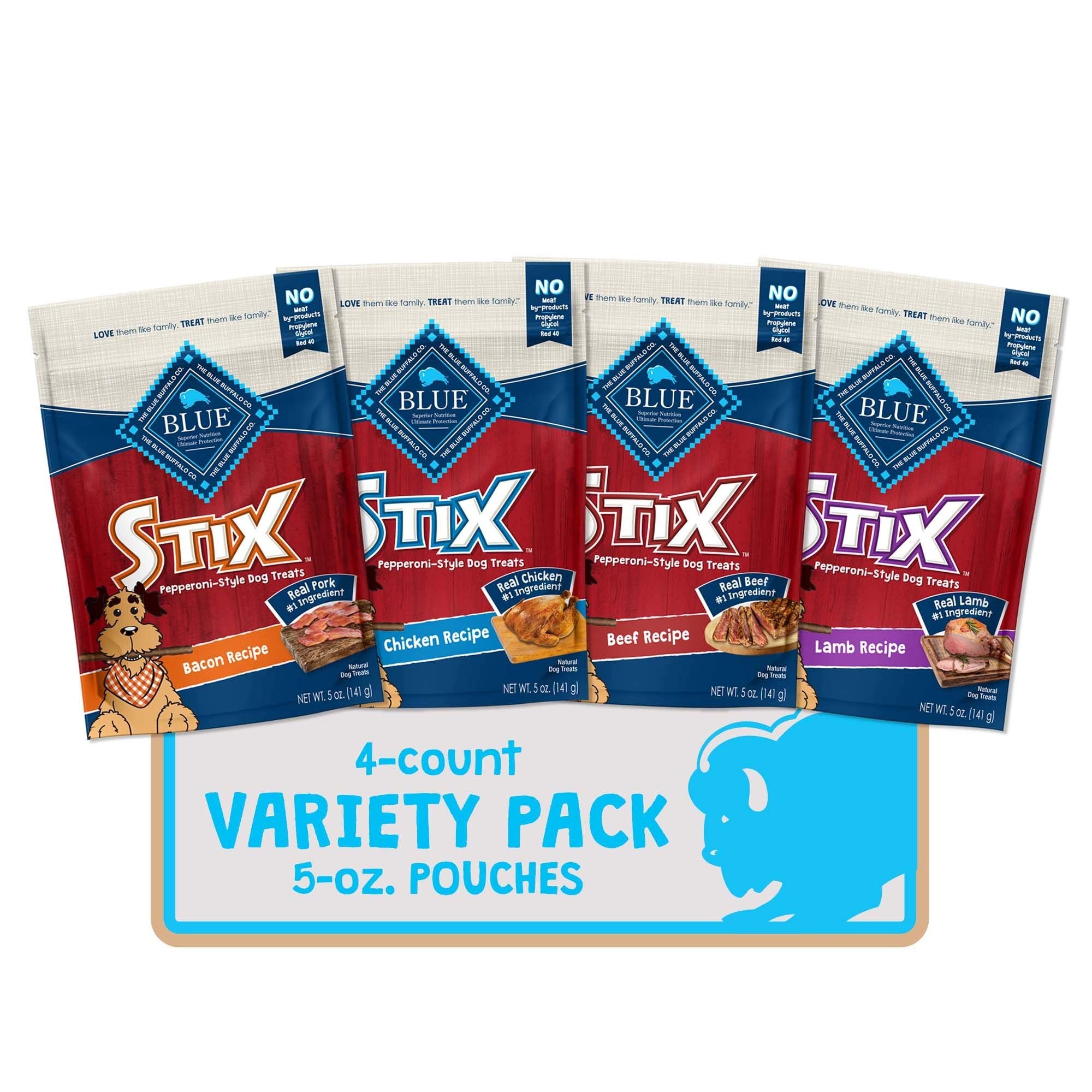 Blue Buffalo Stix Natural Soft-Moist Dog Treats, Beef, Bacon, Lamb, and Chicken 5-oz Variety Pack