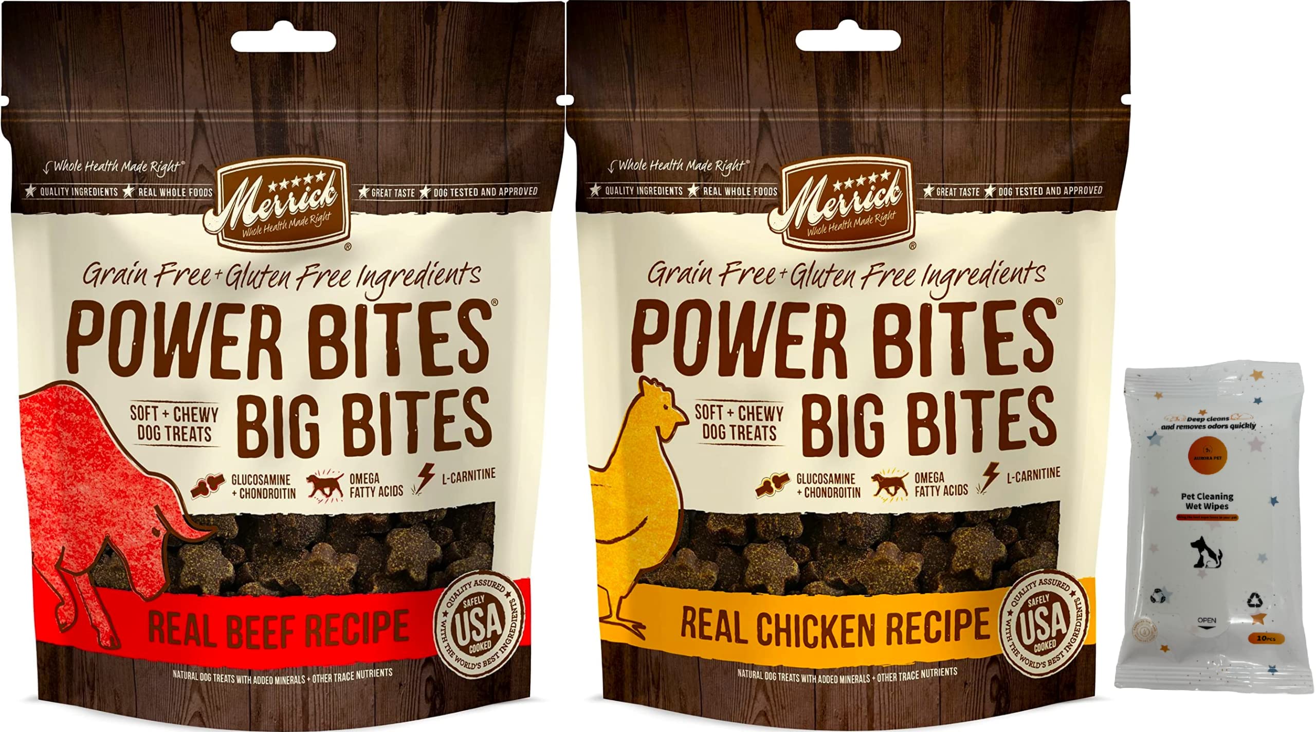 Merrick Power Bites Big Bites Soft & Chewy Dog Treats (1) Real Beef (1) Real Chicken [14-oz Bags]