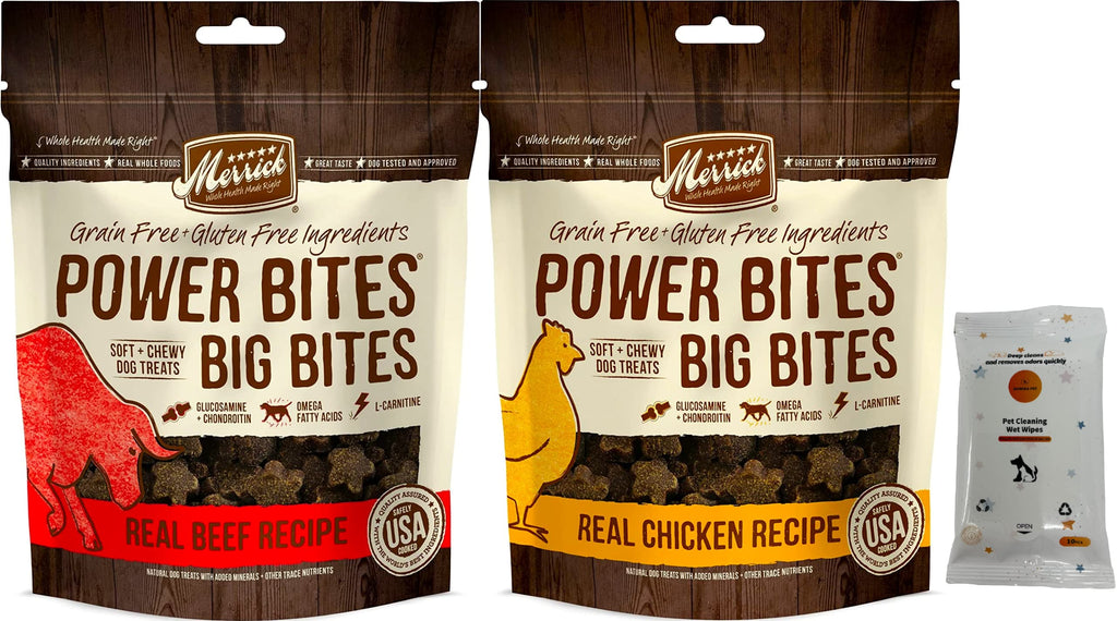 Merrick Power Bites Big Bites Soft & Chewy Dog Treats (1) Real Beef (1) Real Chicken [14-oz Bags]