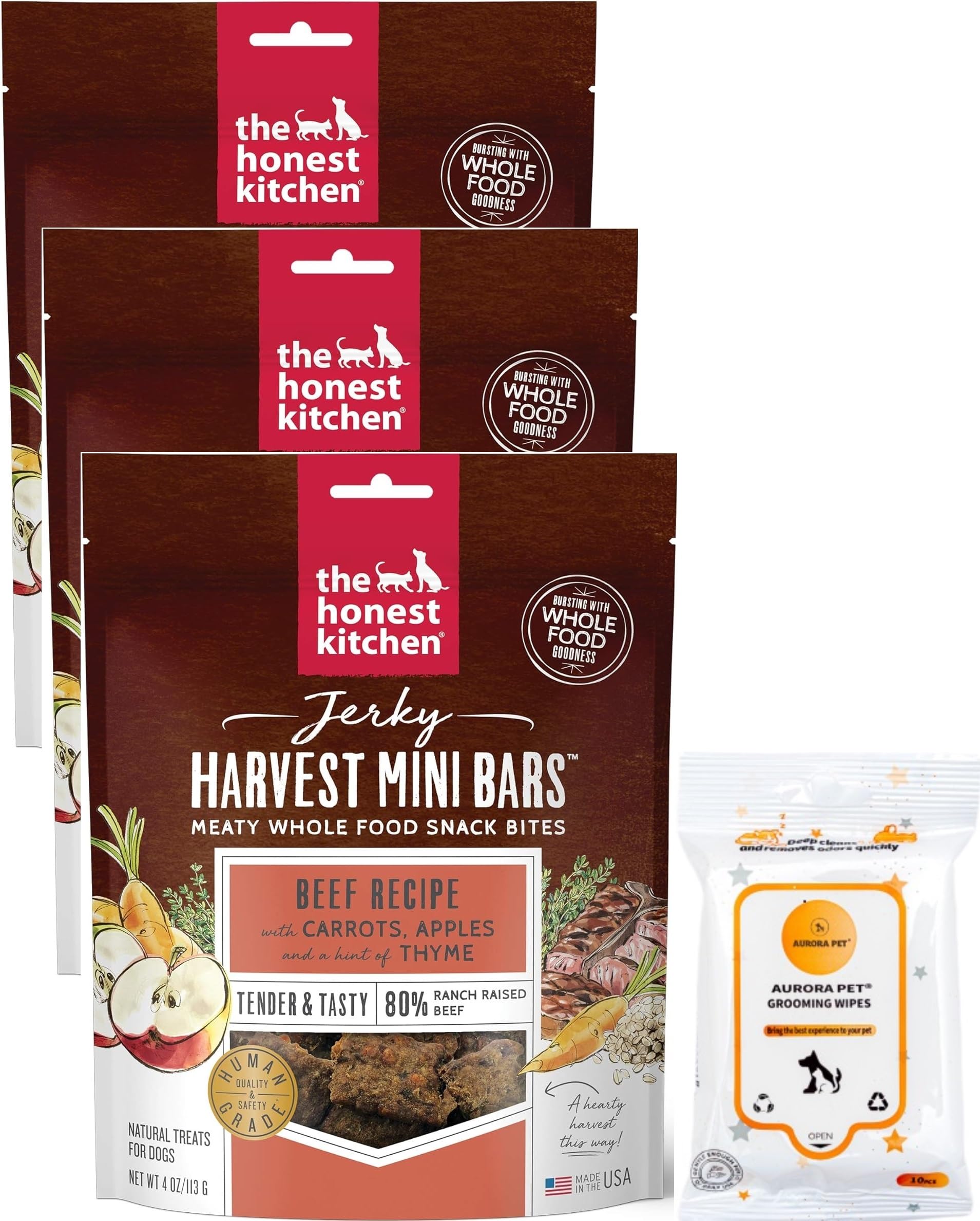 The Honest Kitchen Jerky Harvest Mini Bars Beef Recipe with Carrots & Apples Dog Treats, 4-oz Bags