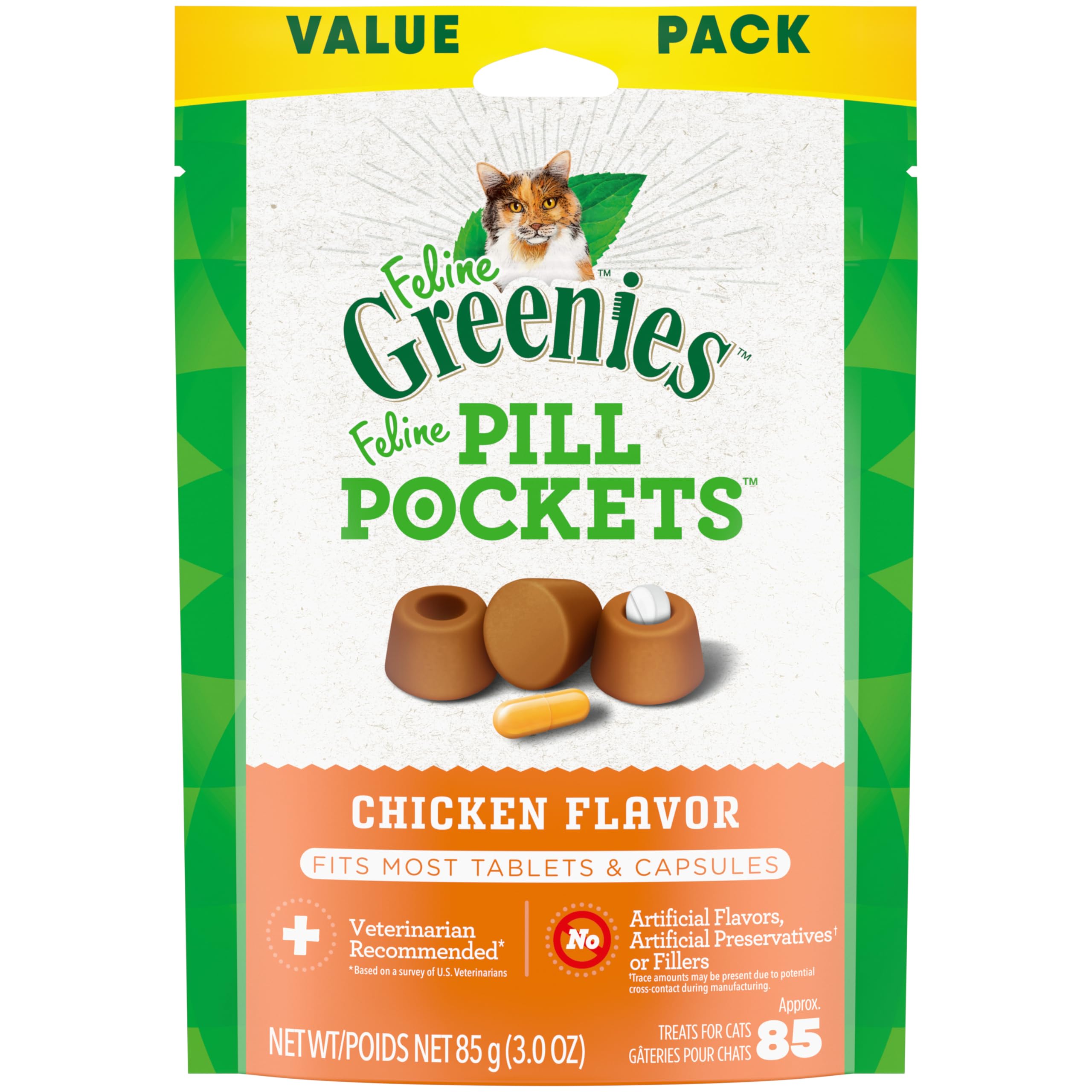 Greenies Feline Pill Pockets for Cats Natural Soft Cat Treats, Chicken Flavor, 3 oz. Pack (85 Treats)