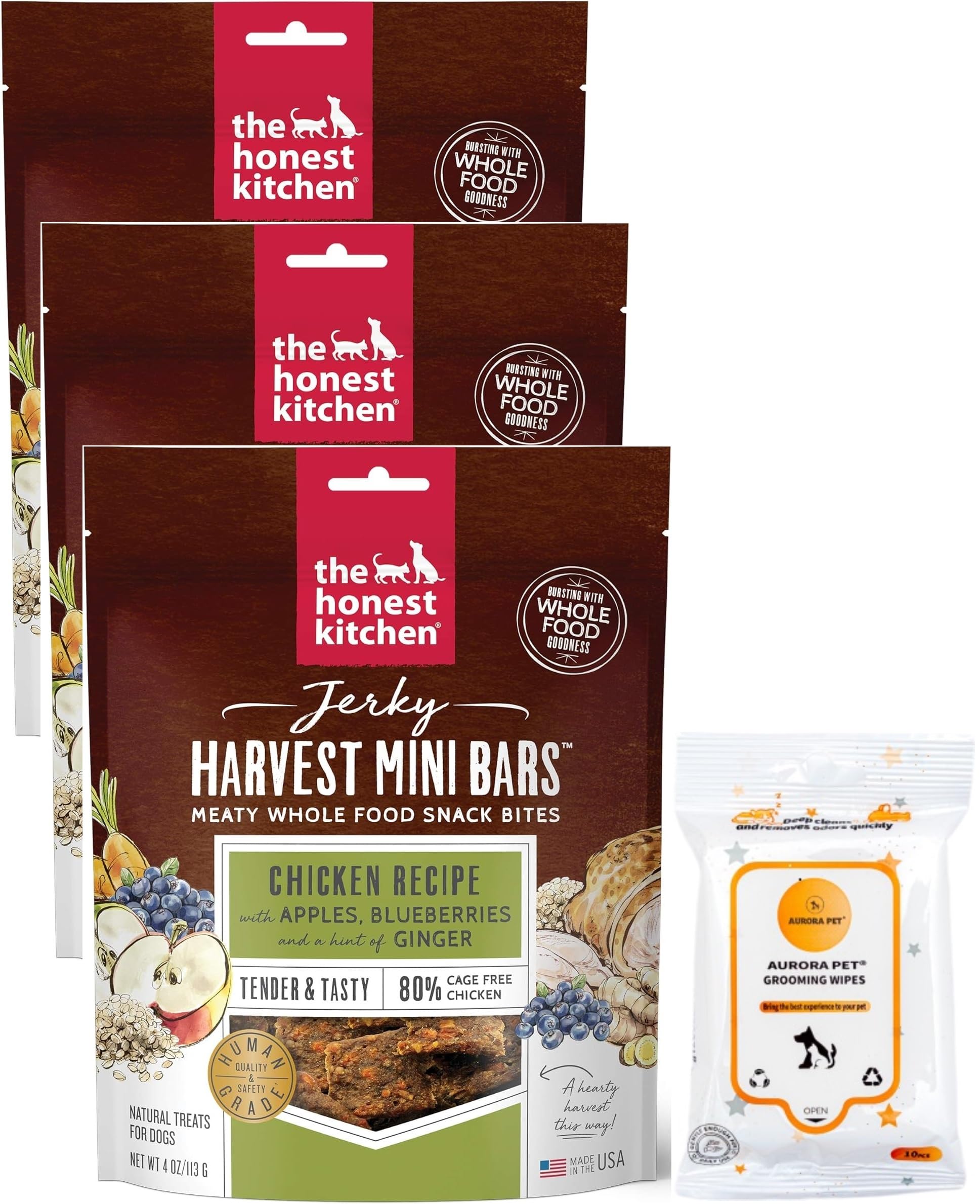 The Honest Kitchen Jerky Harvest Mini Bars Chicken Recipe with Apples & Blueberries Dog Treats (Pack of 3)