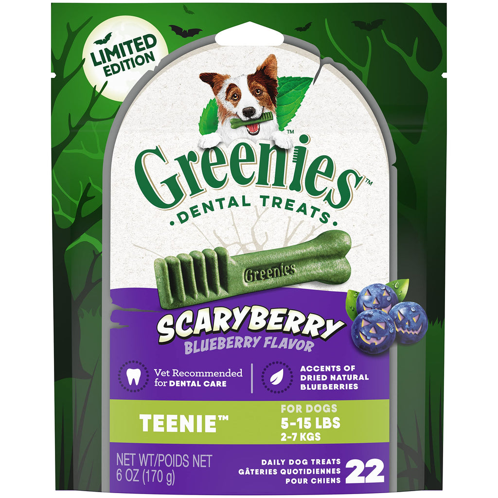 Greenies Teenie Halloween Natural Dental Dog Chew Treats, ScaryBerry Blueberry Flavor, 6 oz. Pack (22-Count)