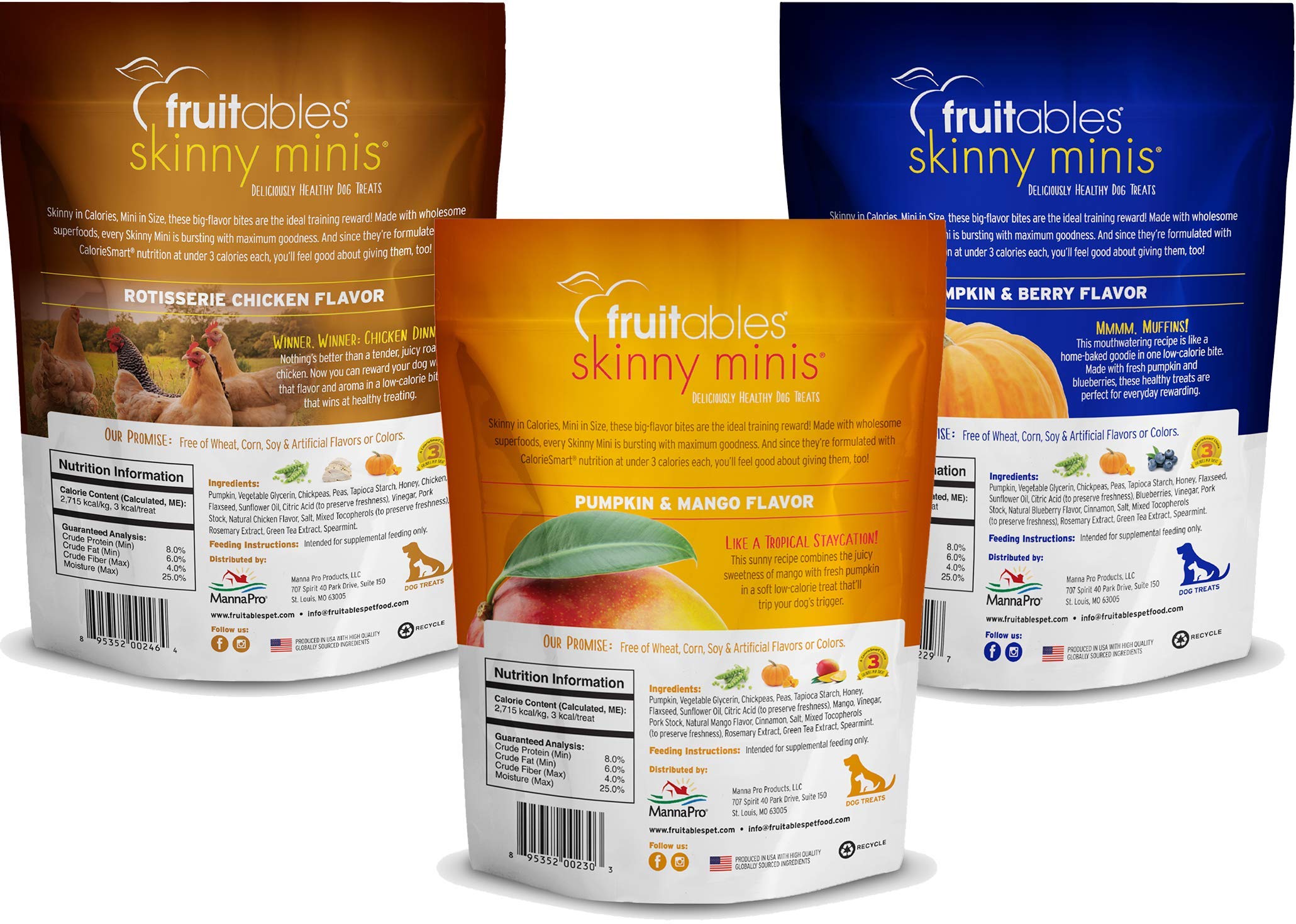 Fruitables Soft and Chewy Skinny Minis Grain Free Dog Training Treats Variety Pack (6)