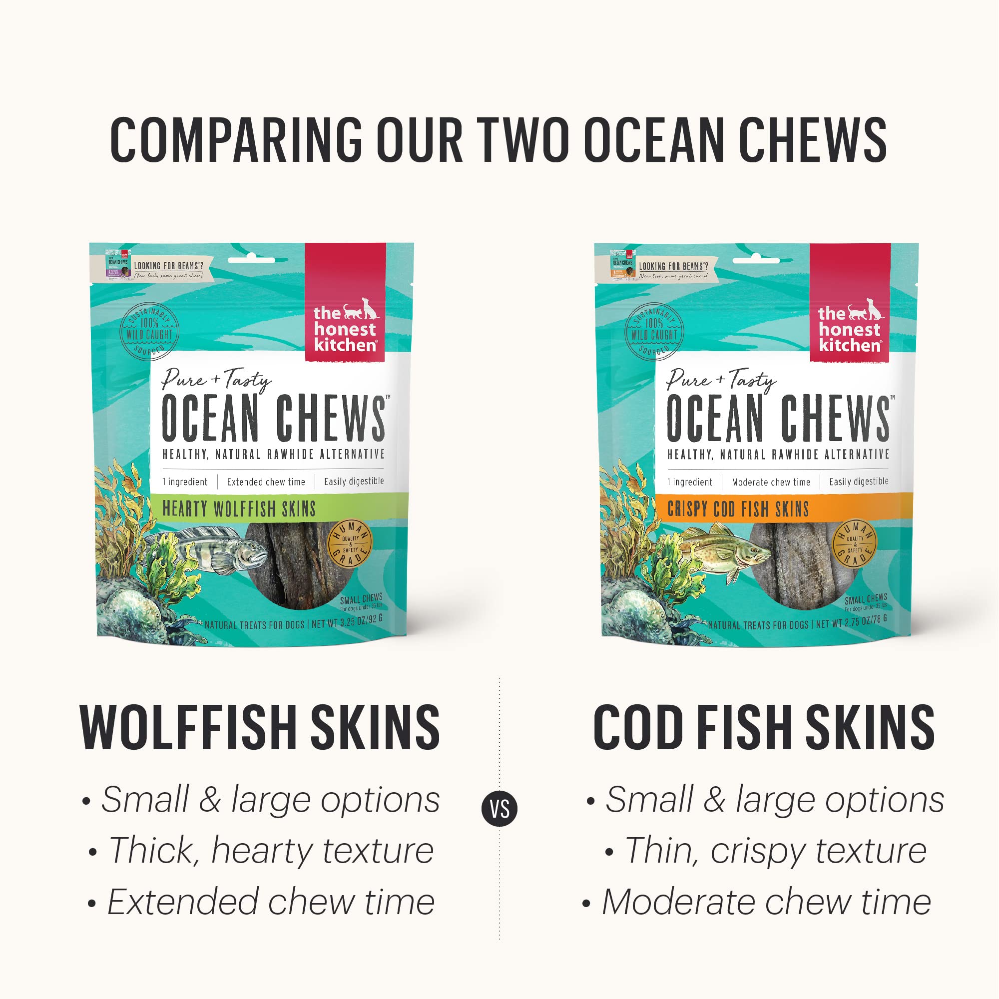 The Honest Kitchen Ocean Chews Grain Free Dog Chew Treats – Natural Human Grade Dehydrated Fish Skins