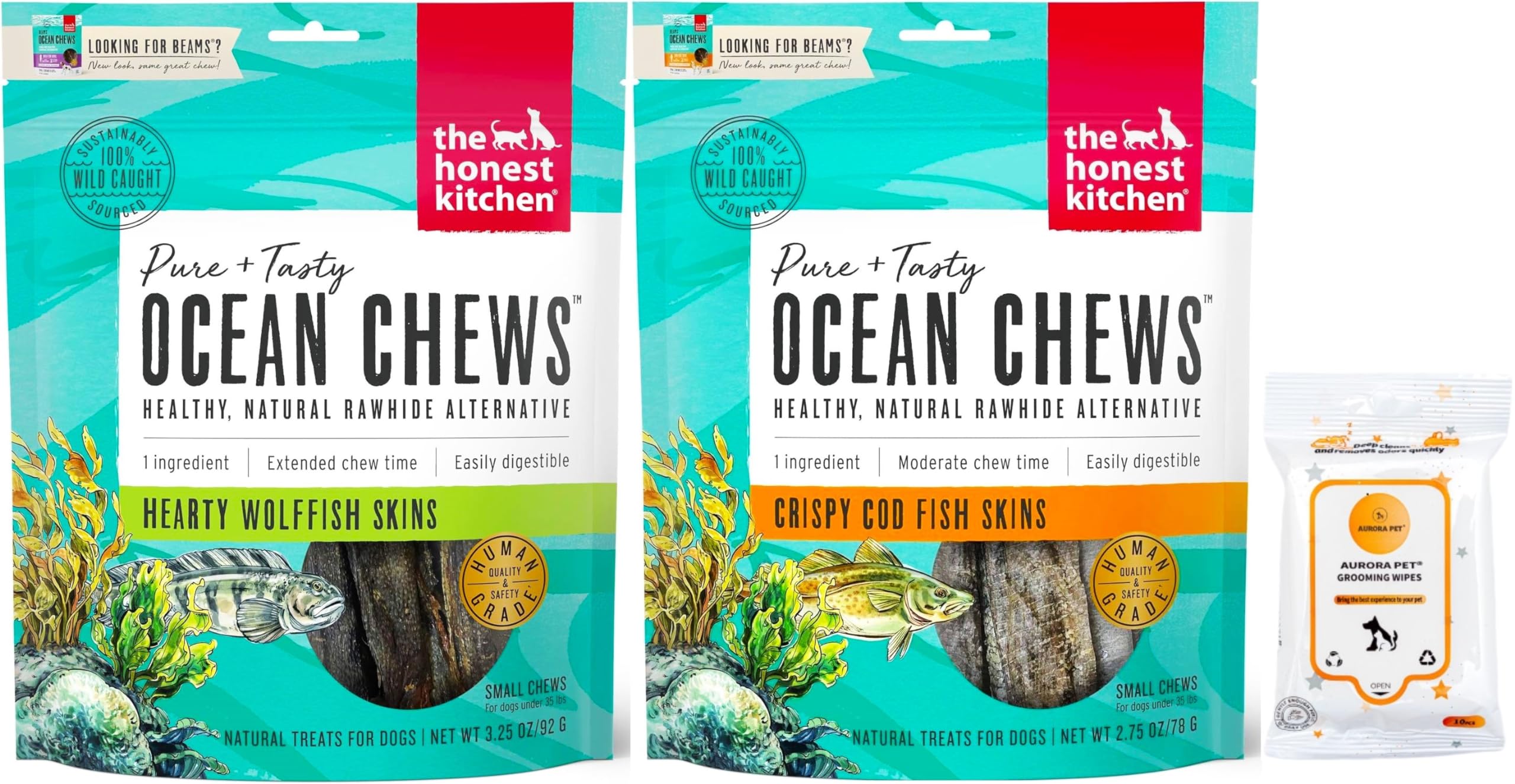 The Honest Kitchen Ocean Chews Wolfish Skins (3.25 oz), Cod Fish Skins (2.75 oz) Dehydrated Dog Treats