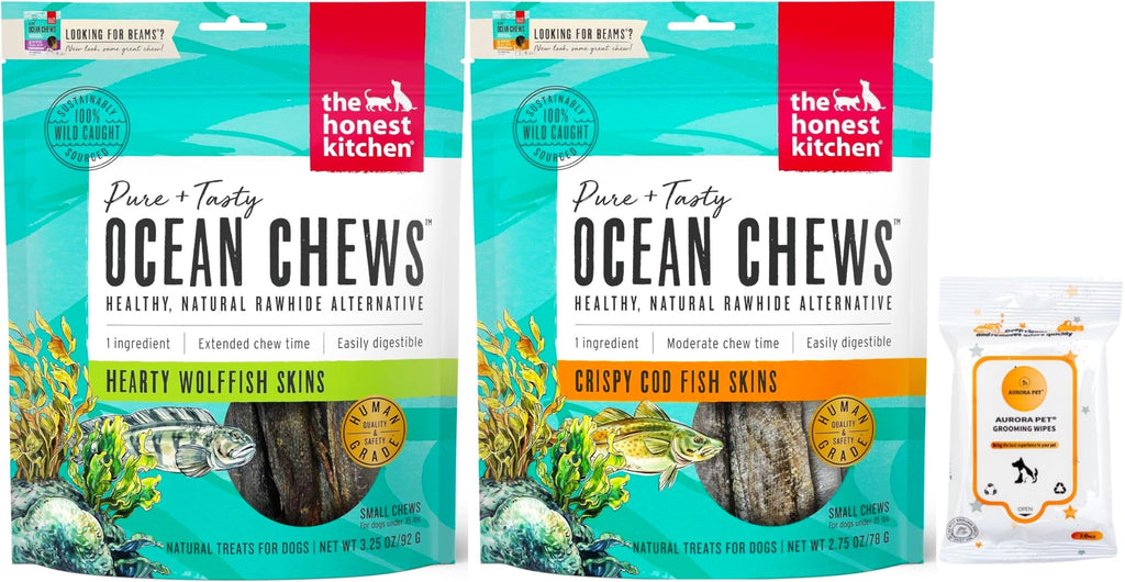 The Honest Kitchen Ocean Chews Wolfish Skins (3.25 oz), Cod Fish Skins (2.75 oz) Dehydrated Dog Treats