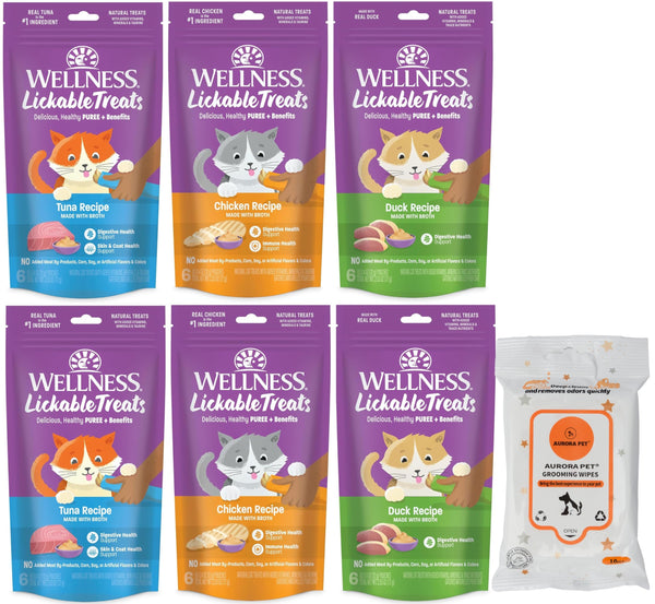 Aurora Pet Variety (6) Wellnes Lickable Treats Chicken, Duck, Tuna Recipe (0.4-oz Pouch, Pack of 36) with AuroraPet Wipes