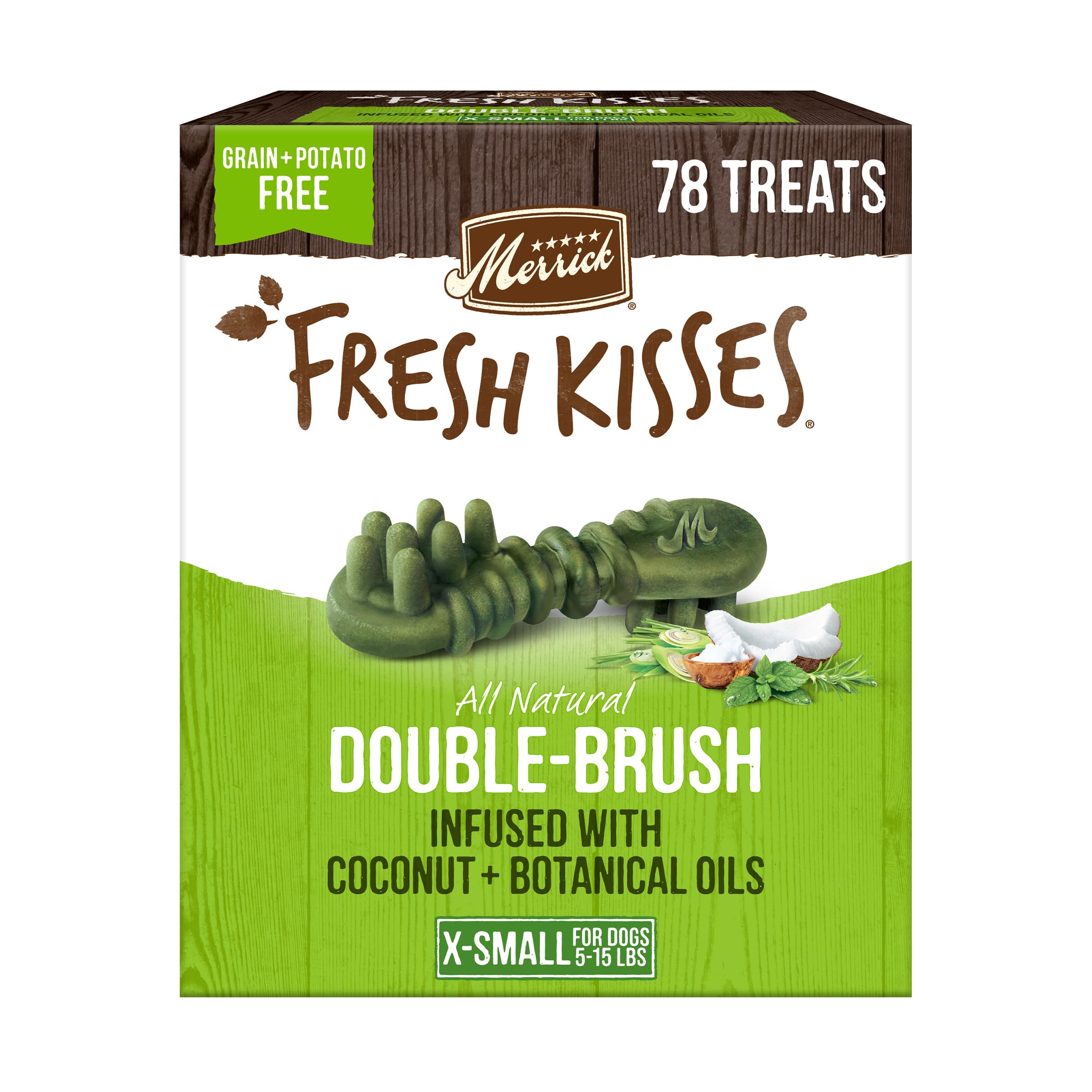 Merrick Fresh Kisses Natural Dental Chews Infused with Coconut and Botanical Oils for Tiny Dogs 5-15 Lbs - 106 ct. Box