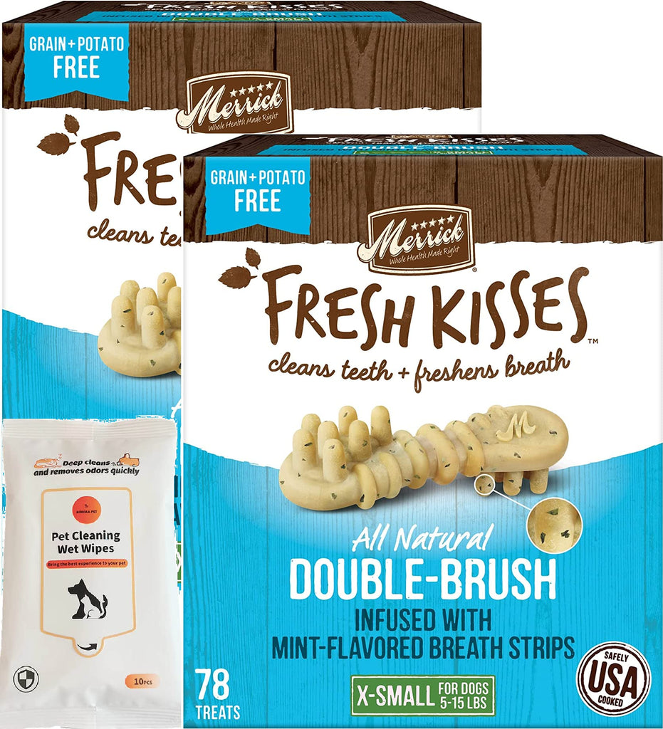 Merrick Fresh Kisses Double-Brush Mint Breath Strip Infused X-Small Dental Dog Treats (Pack of 2)