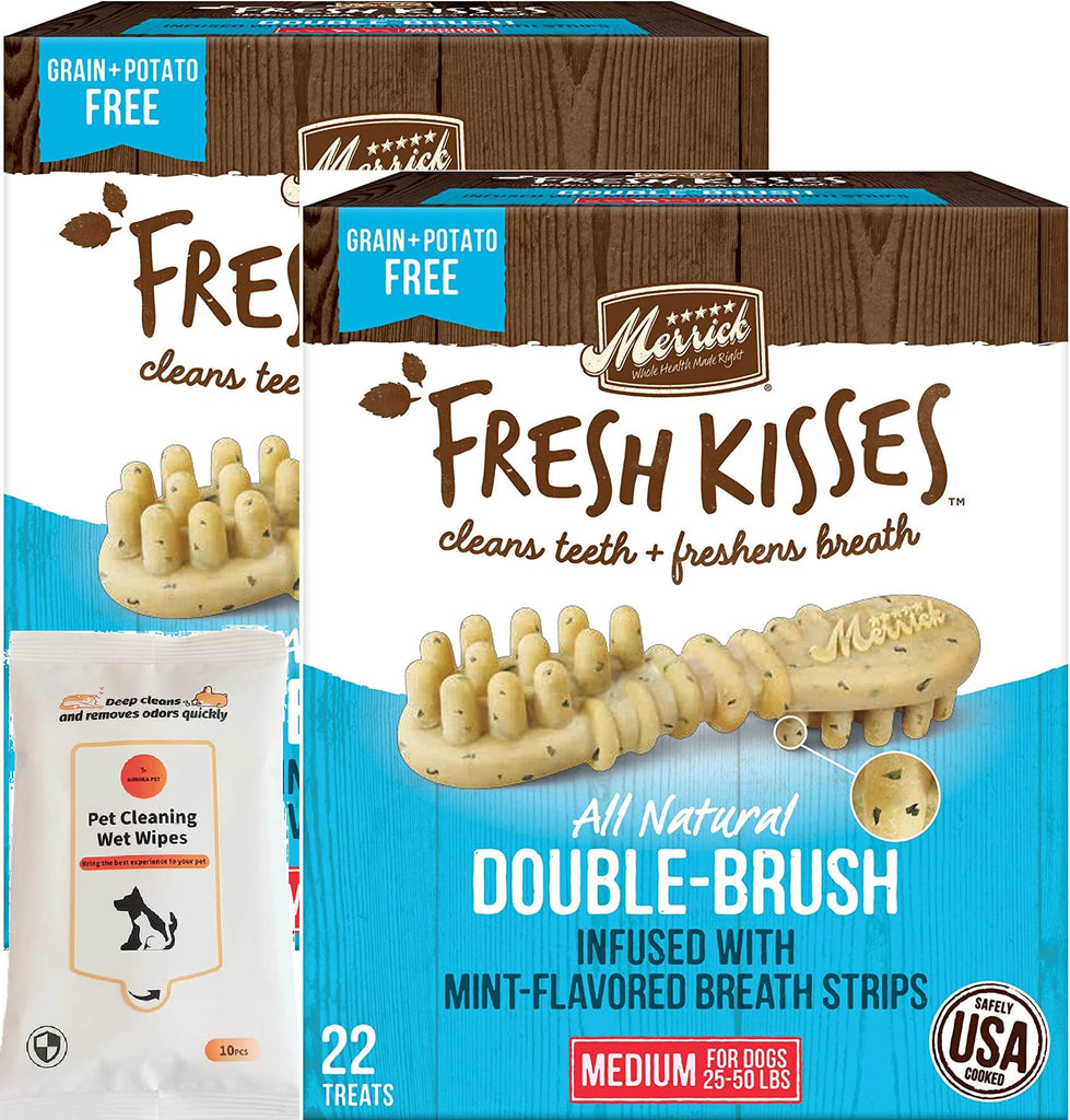 Merrick Fresh Kisses Double-Brush Mint Breath Strip Infused Medium Dental Dog Treats