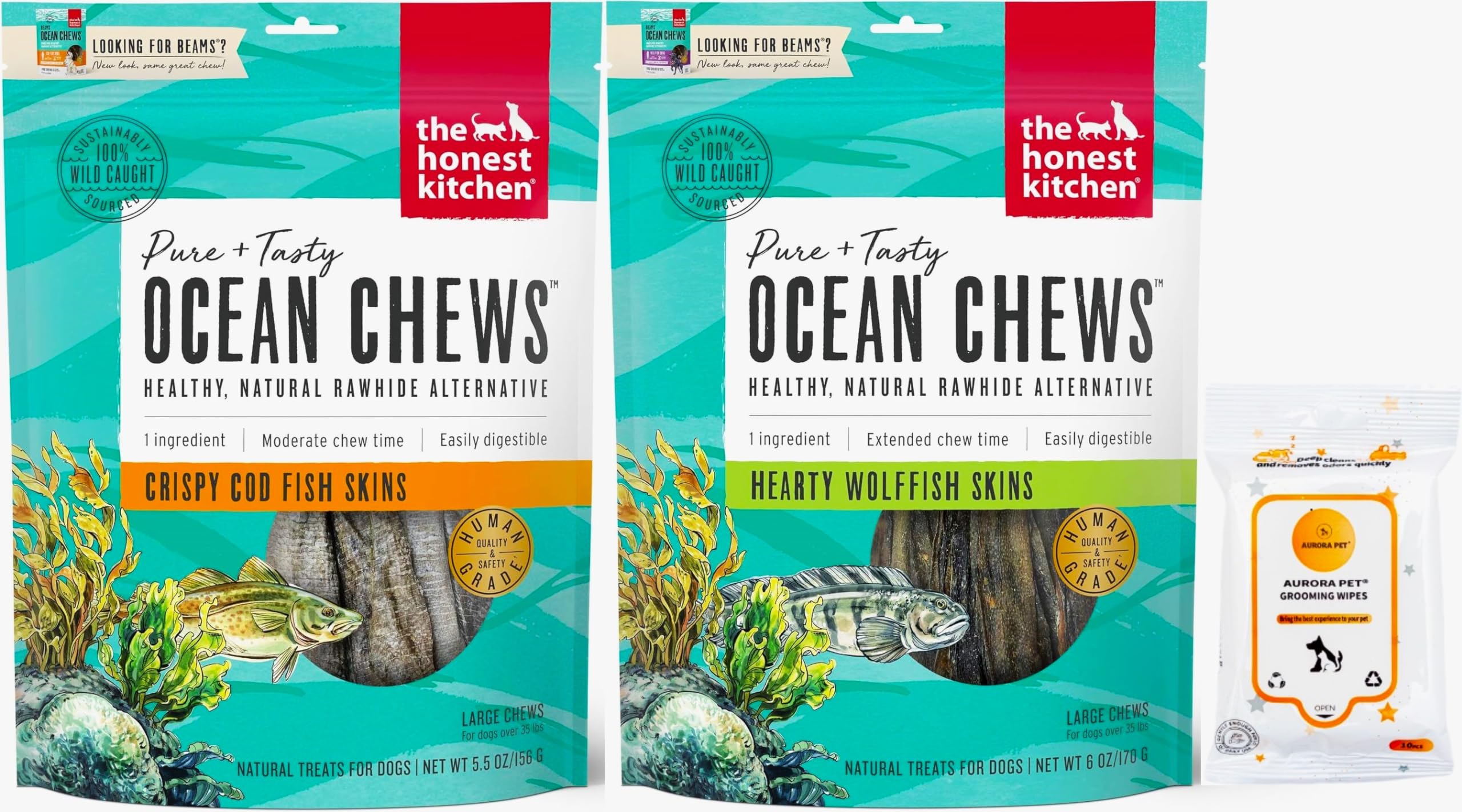 The Honest Kitchen Ocean Chews Wolfish Skins (6-oz), Cod Fish Skins (5.5-oz) Dehydrated Dog Treats