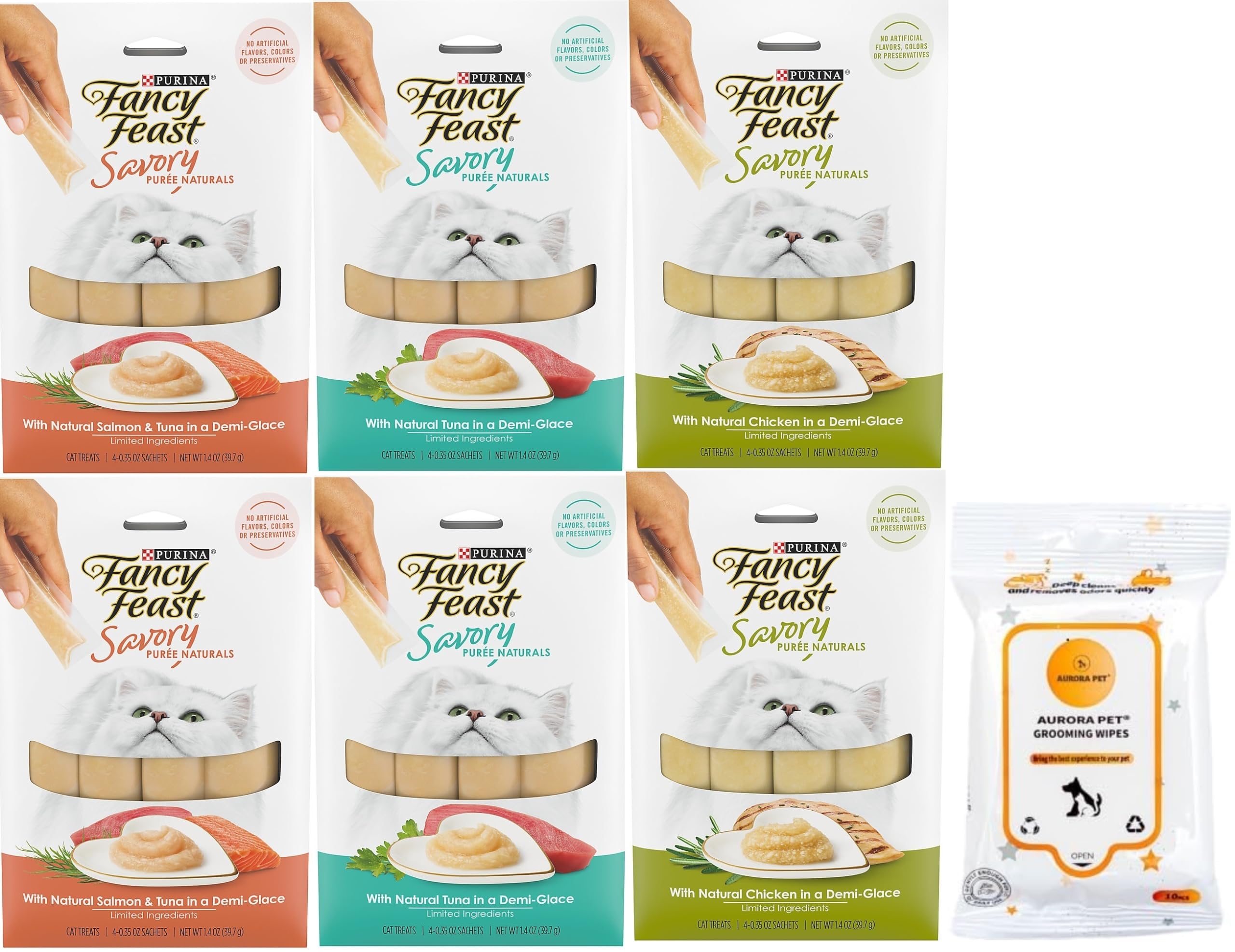 Fancy Feast Savory Puree Naturals Squeezable Lickable Adult Cat Treats (2) Tuna (2) Salmon & Tuna (2) Chicken (1.4-oz Each)