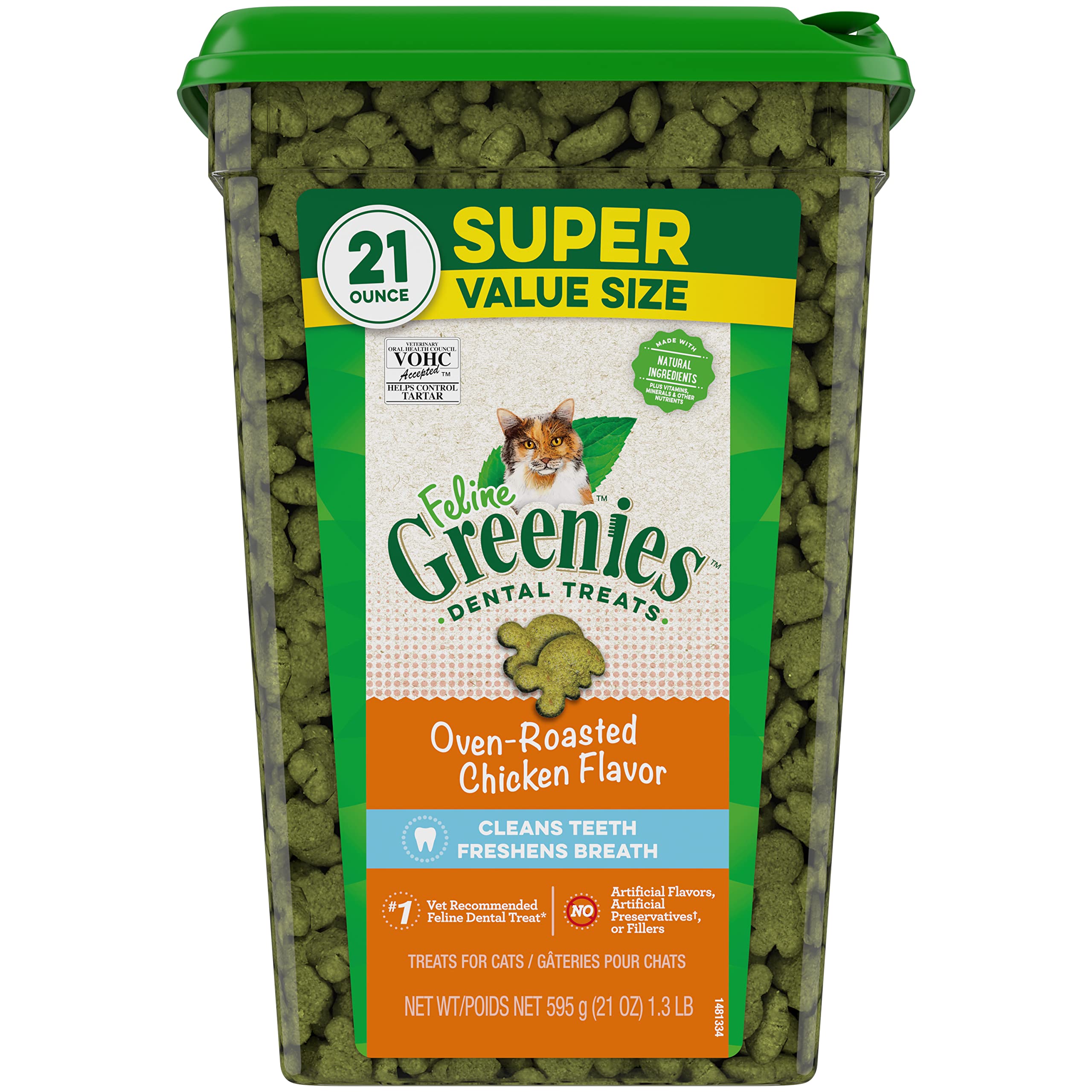 Greenies Feline Adult Natural Dental Care Cat Treats Oven Roasted Chicken Flavor, 21 oz. Tub