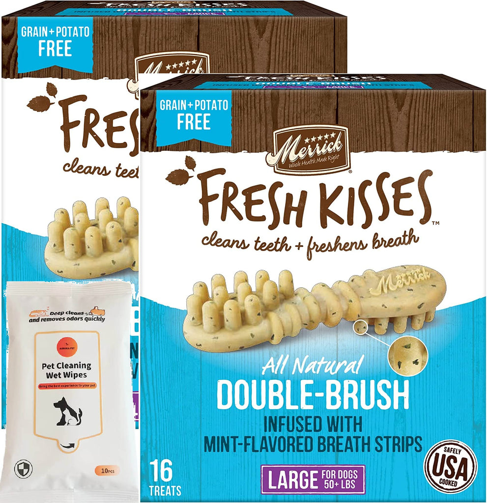 Merrick Fresh Kisses Double-Brush Mint Breath Strip Infused Large Dental Dog Treats