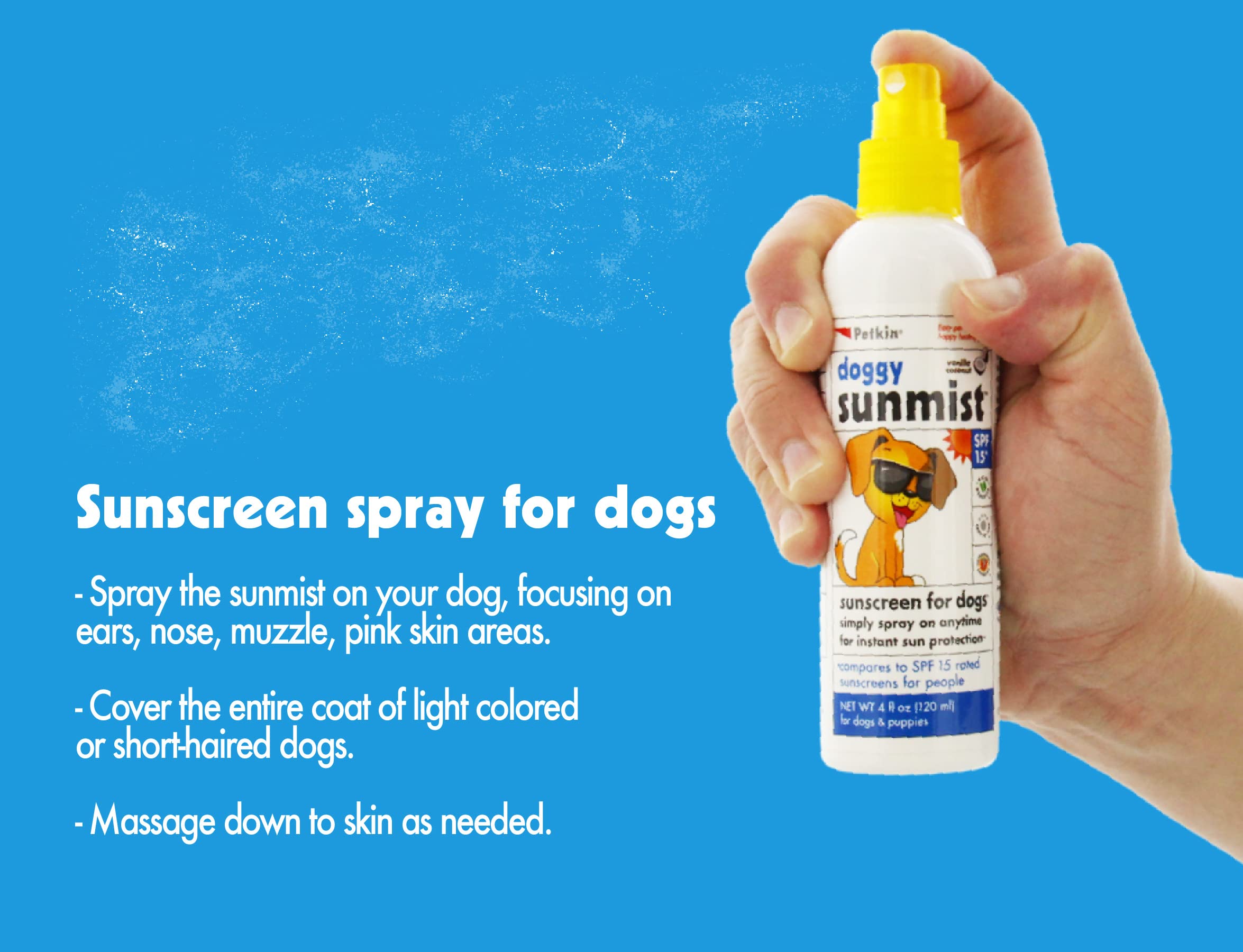 Petkin Dog Sunscreen Sunmist– Sunscreen for Dogs and Puppies, SPF 15 – Simply Spray on Anytime for Instant Sun Protection – Vanilla Coconut Scent, 4oz Bottle – Ideal for Home or Travel