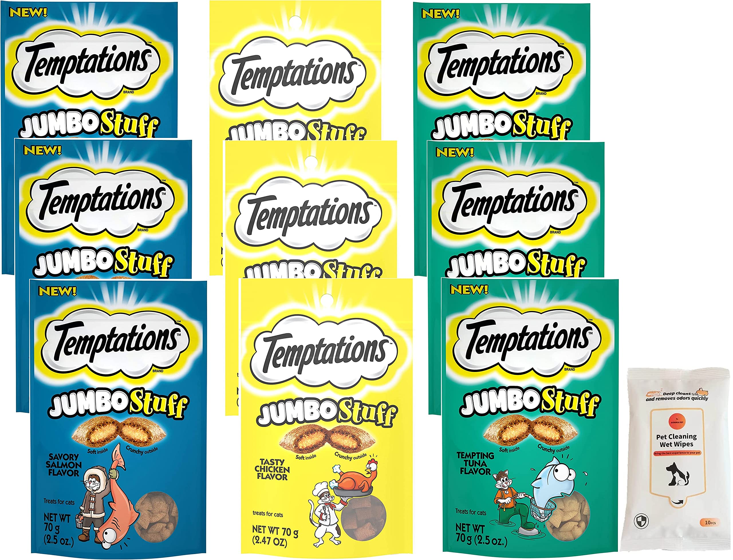 Temptations Jumbo Stuff Cat Treats (3) Tempting Tuna (3) Tasty Chicken (3) Savory Salmon