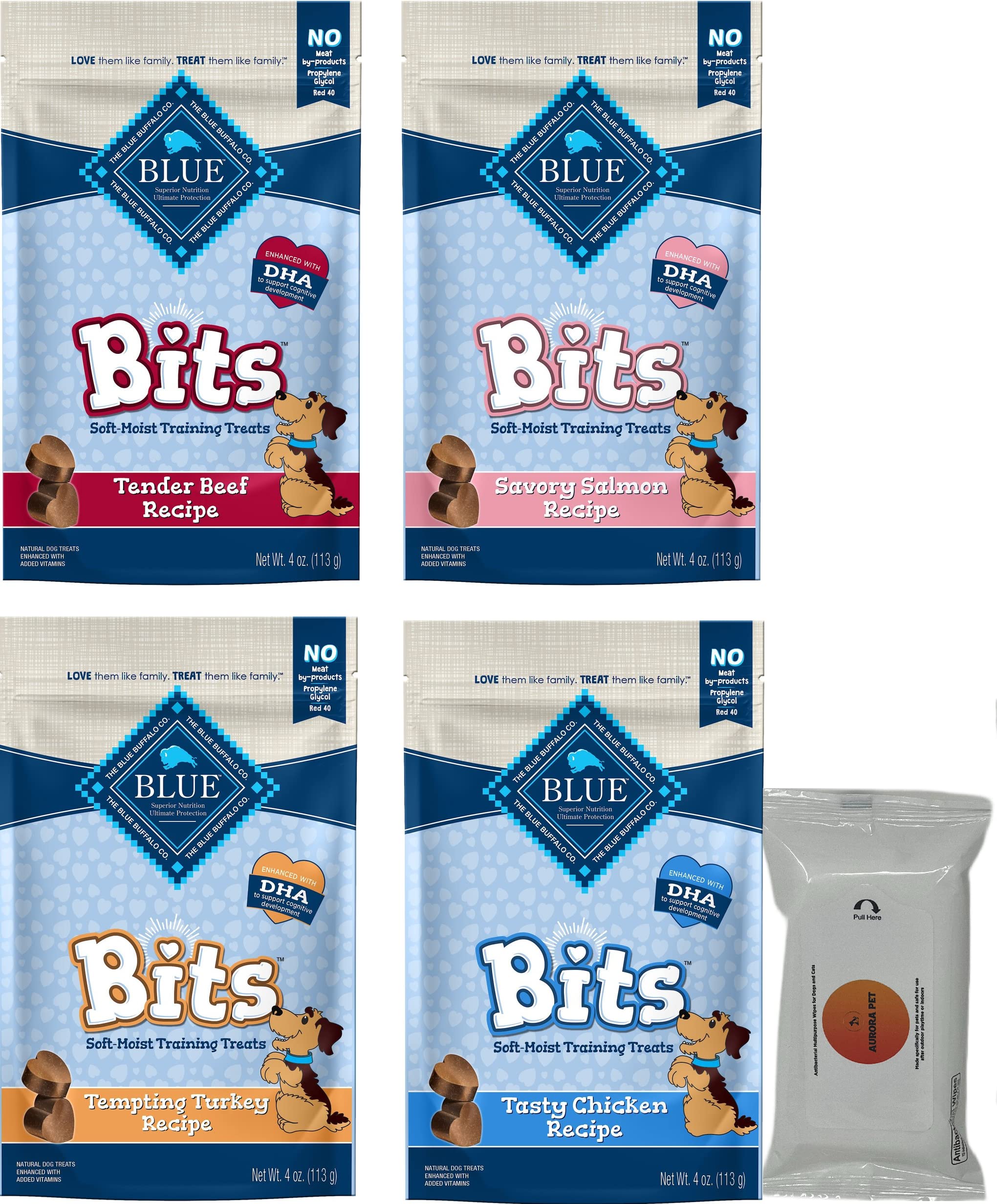 Blue Buffalo Bits Soft-Moist Training Dog Treats Variety Pack (Salmon, Chicken, Beef, Turkey) 4-oz Bags