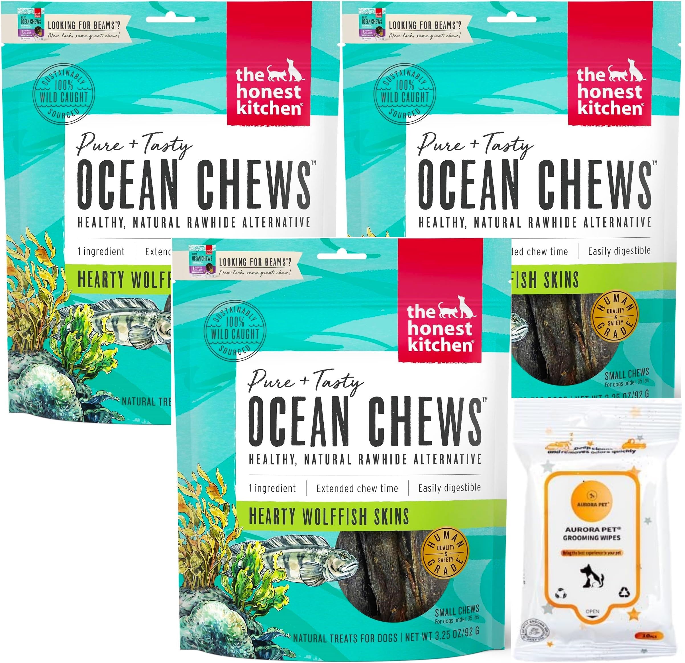 The Honest Kitchen Grain Free Ocean Chews Wolfish Skins Dehydrated Dog Treats (Small Chews - 3.25 oz Bags)