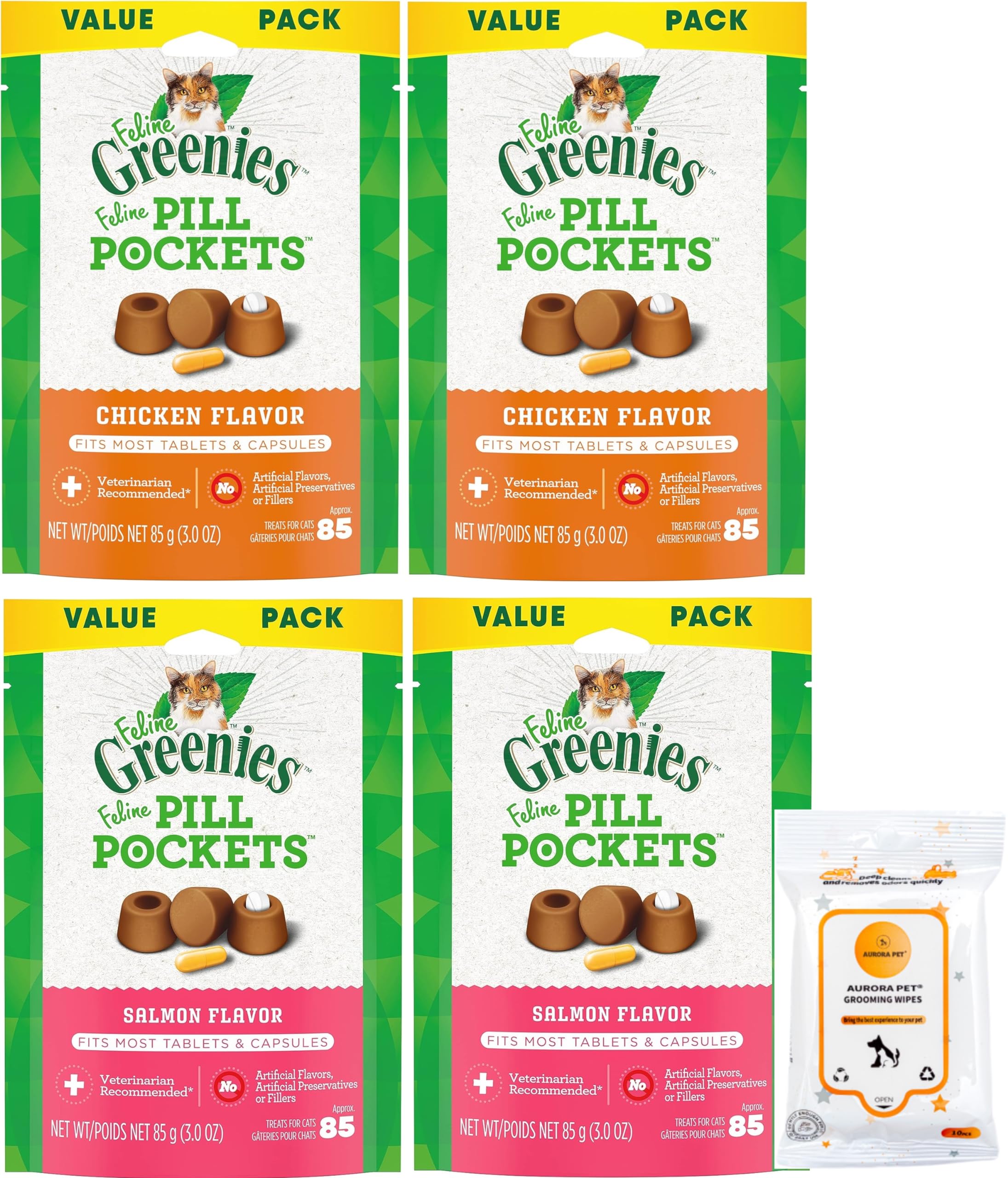 Feline Greenies Pill Pockets Natural Soft Adult Cat Treats (2) Salmon (2) Chicken Flavor (3-oz Bags)