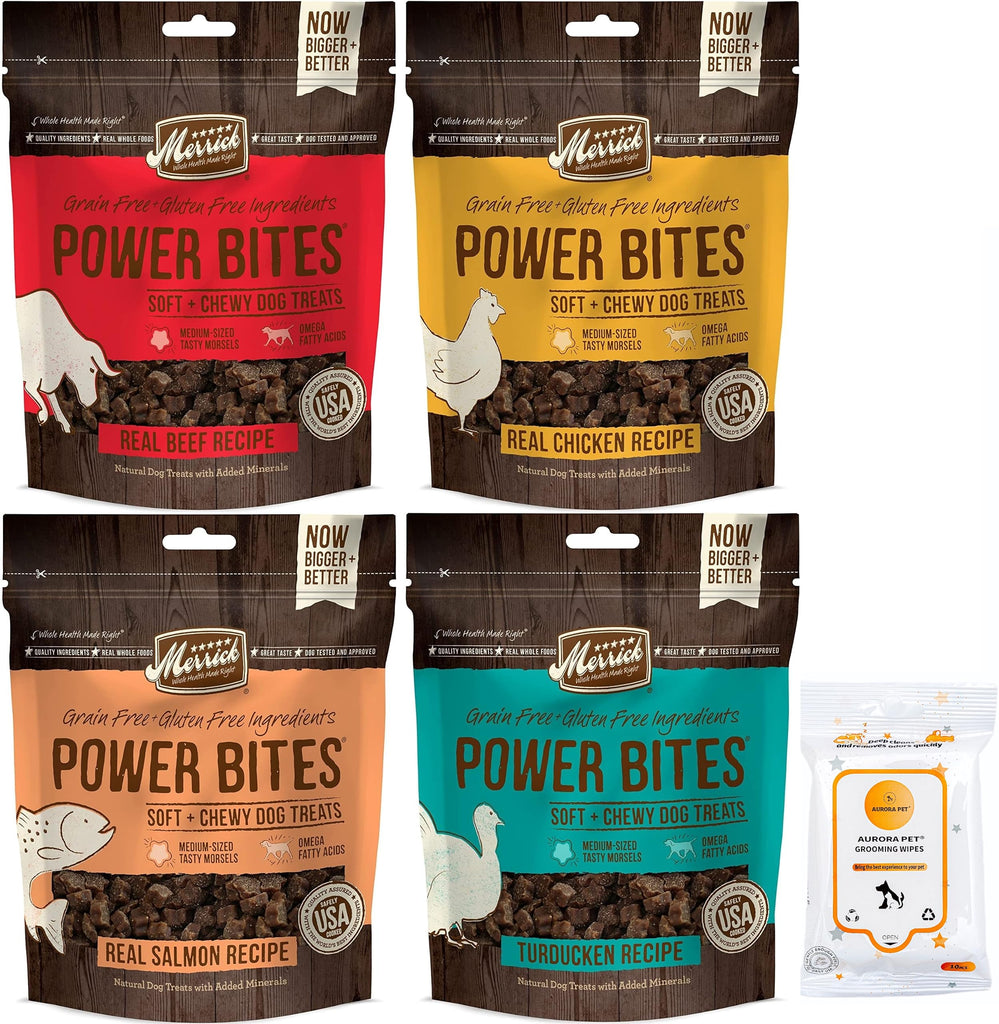 Merrick Power Bites Grain Free Dog Treats Variety [Chicken, Beef, Turducken, Salmon] 6-oz Bags