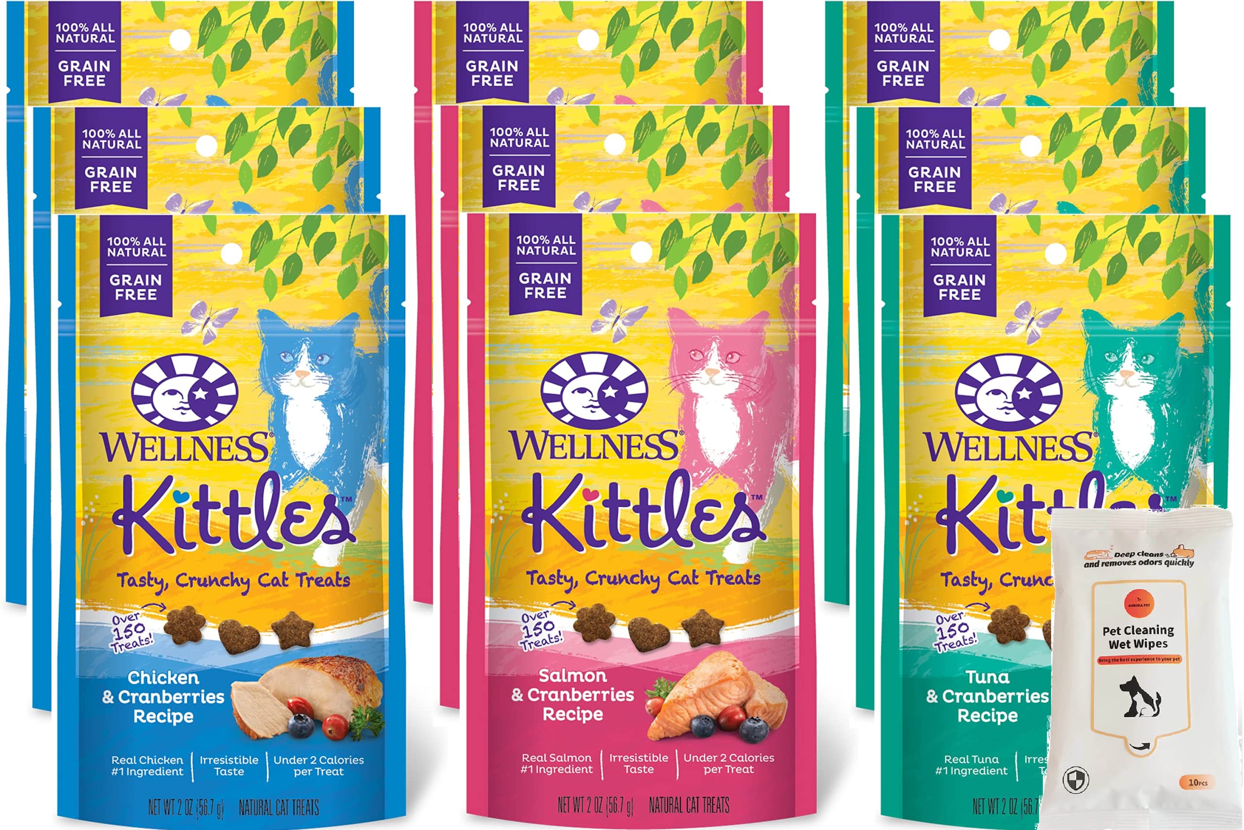 Wellness Kittles Tasty Crunchy Cat Treats (3 Chicken, 3 Salmon, 3 Tuna) 2-oz Bags