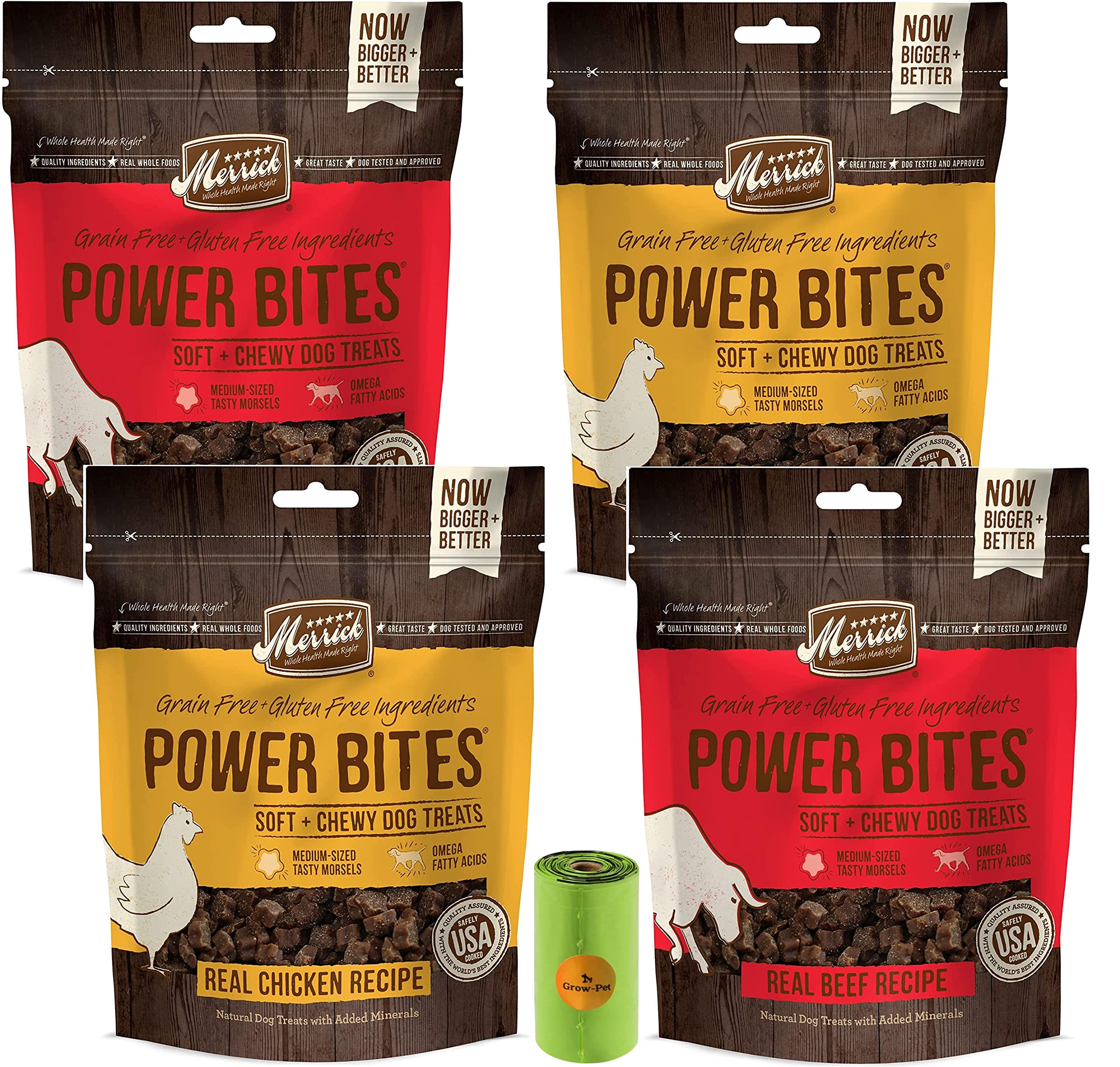 Merrick Power Bites Bundle Pack (2 Beef + 2 Chicken) Natural Grain Free Gluten Free Soft & Chewy Chews Dog Treats