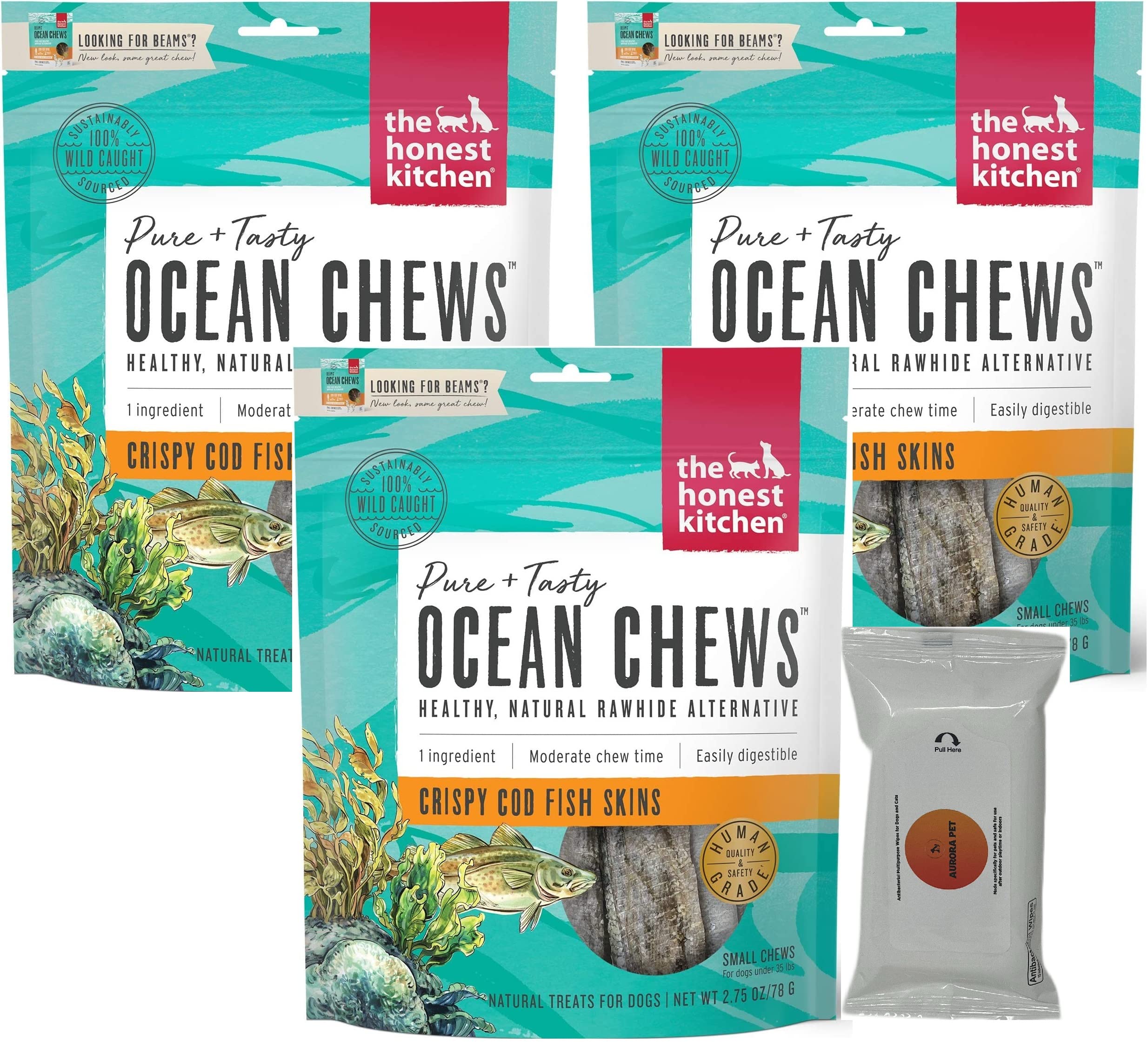 The Honest Kitchen Ocean Chews Crispy Cod Fish Skins Dog Treats (Pack of 3)