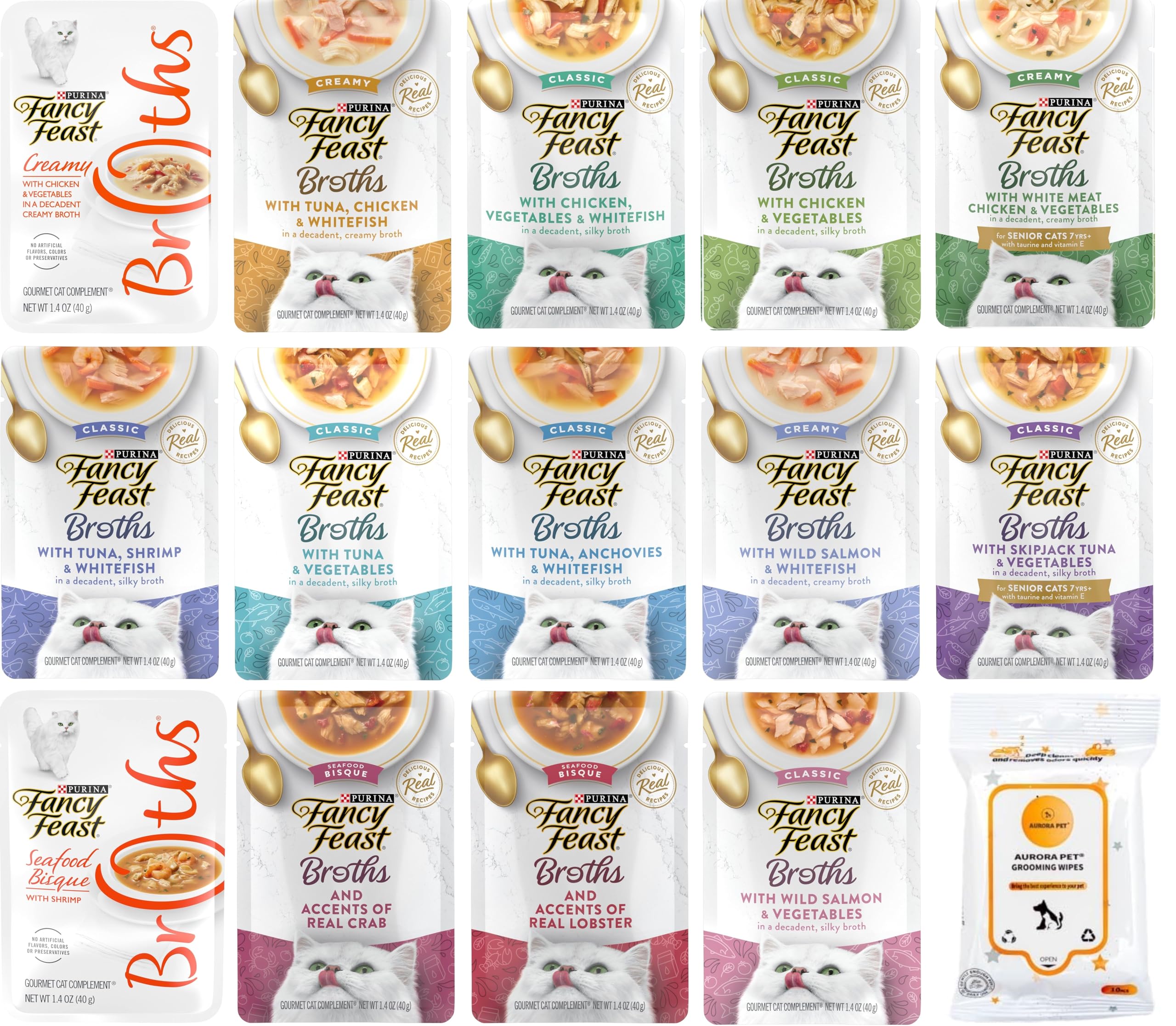 Fancy Feast Lickable Broth Topper Complement Wet Cat Food Variety Pack (14 Flavors)