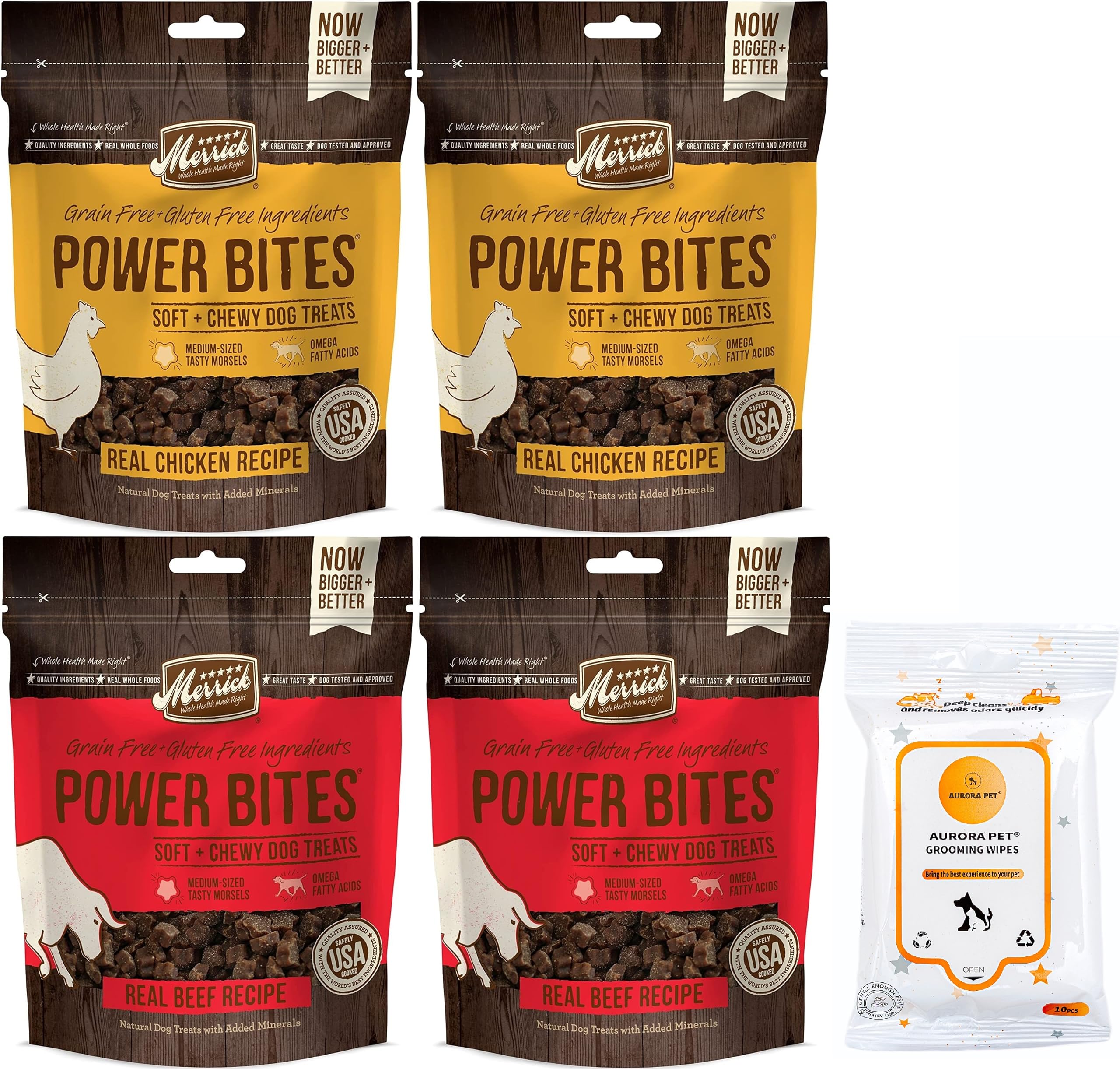 Merrick Power Bites Grain Free Dog Treats (2 Beef + 2 Chicken) 6 oz Bags