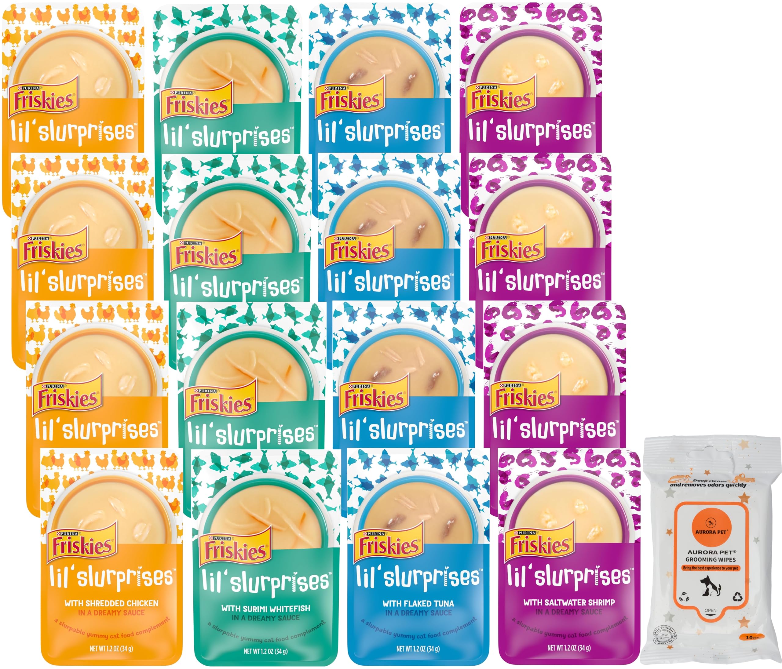 Aurora Pet Variety (16) Lil' Slurprises Wet Cat Food Topper (4) Flaked Tuna (4) Saltwater Shrimp (4) Shredded Chicken (4) Surimi Whitefish with AuroraPet Wipes