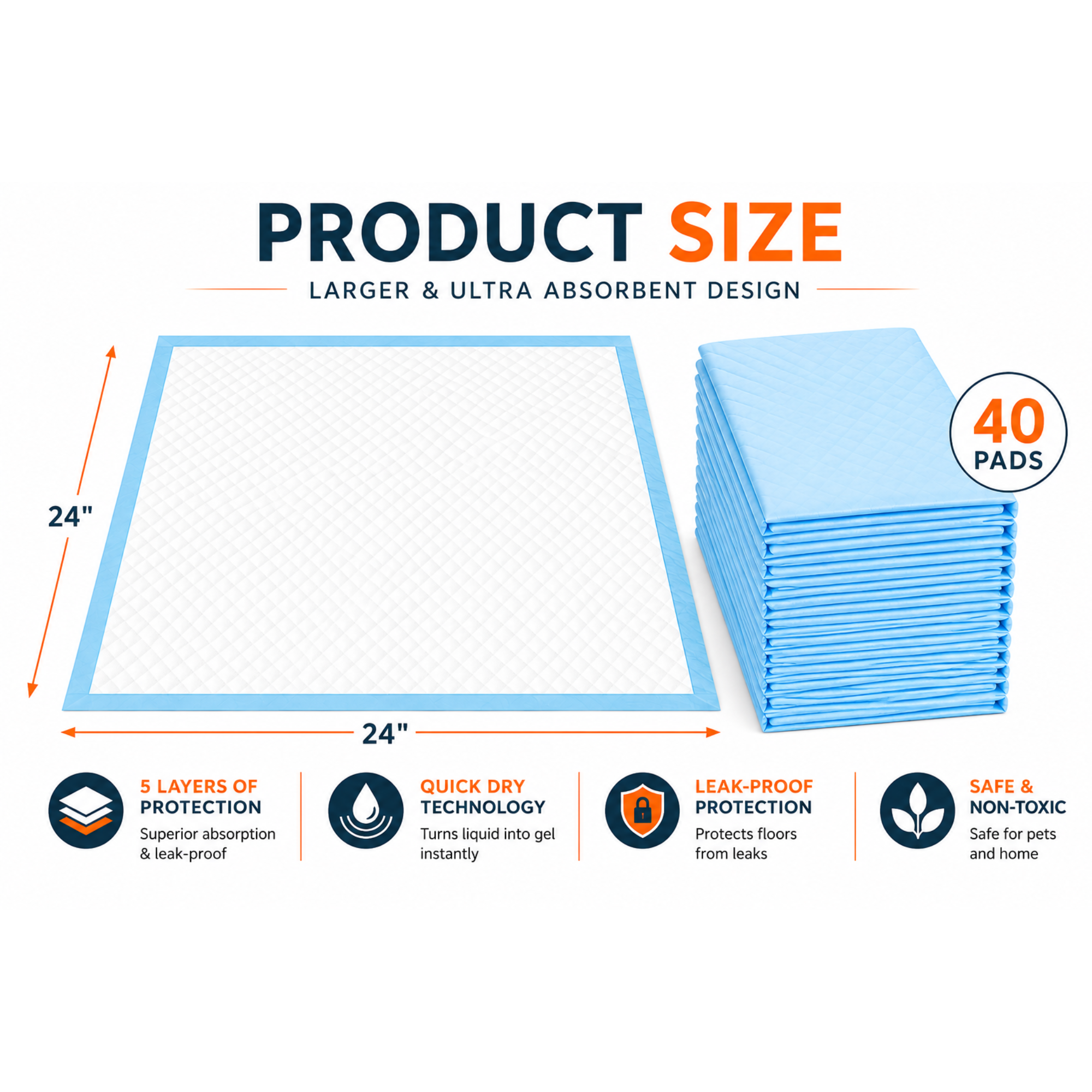 Aurora Pet Large 40 Count Puppy Pee Pads - 24 x 24 Inch Dimensions | AP-L40