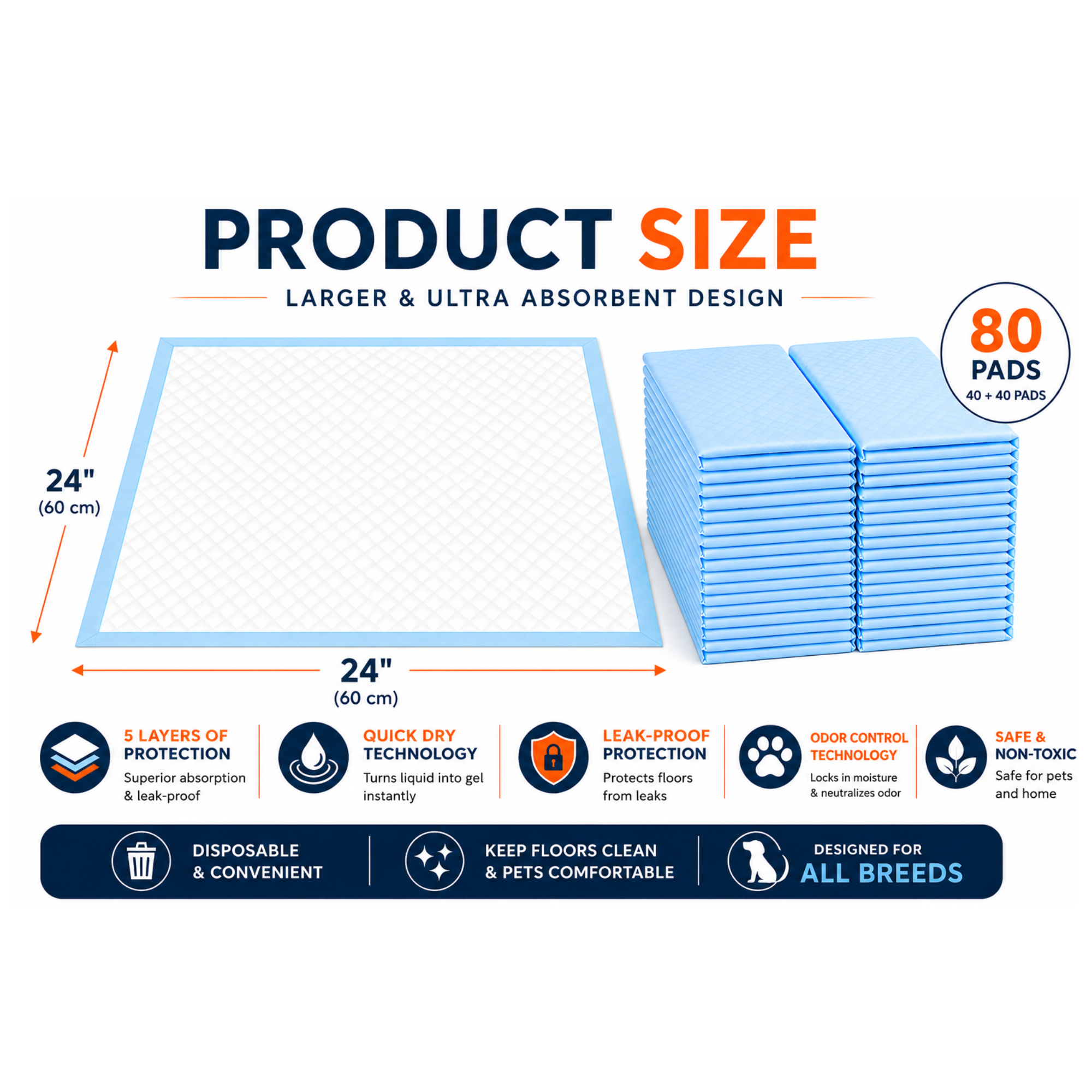 Aurora Pet Large 80 Count Puppy Pee Pads - 24 x 24 Inch Dimensions | AP-L80