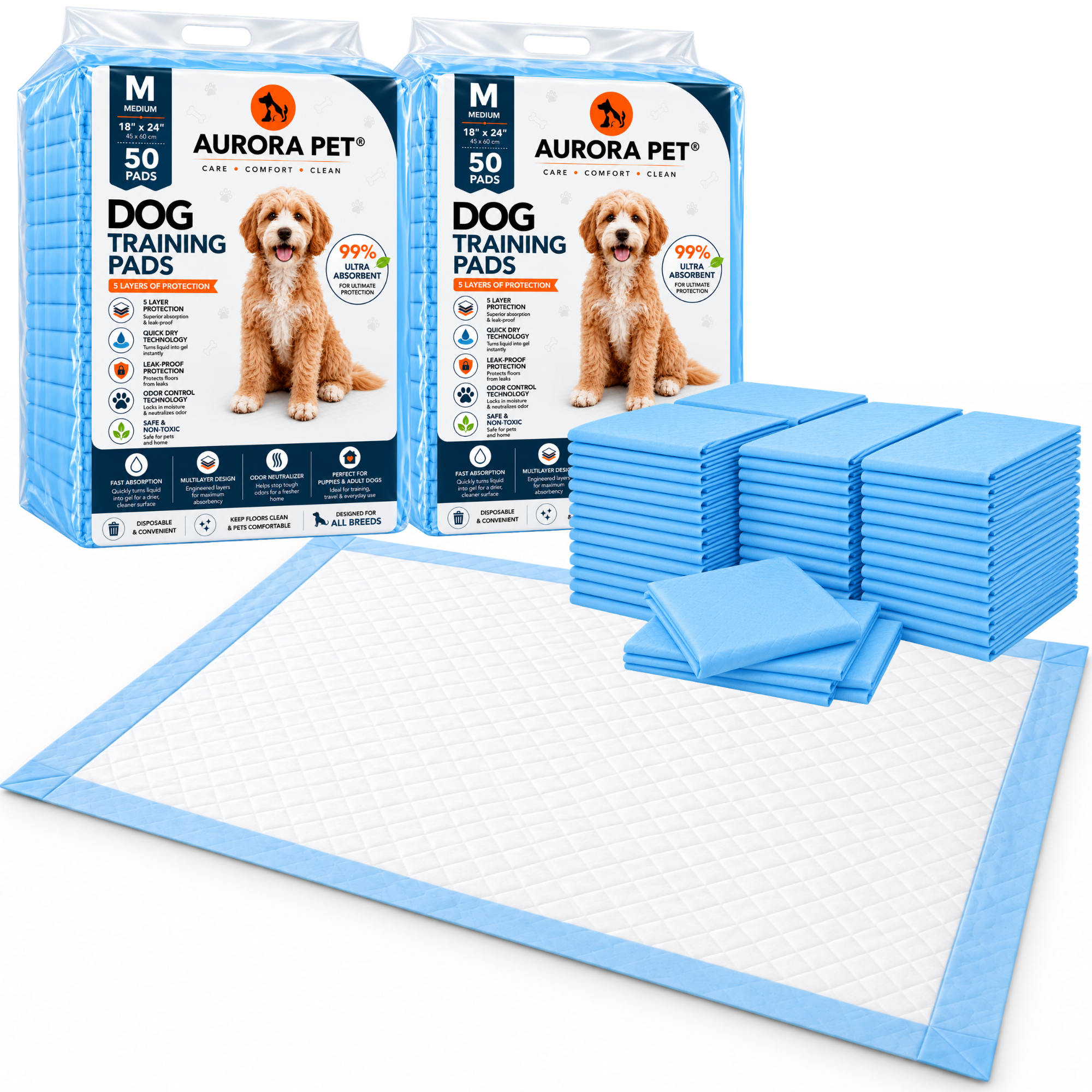 Aurora Pet Ultra-Absorbent Puppy Pee Pads – Leak-Proof, Quick-Dry, Disposable Potty Training Pads for Puppies & Dogs – Blue & White