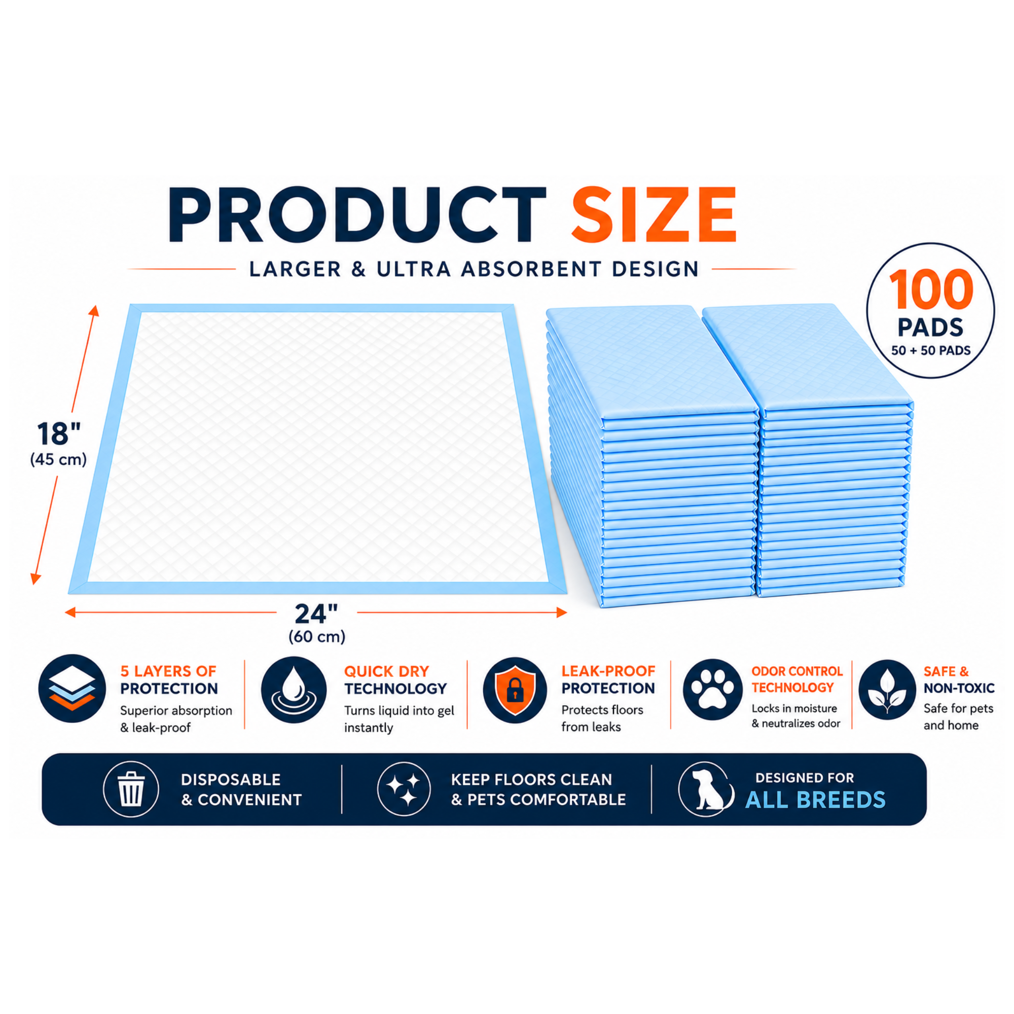 Aurora Pet Regular 100 Count Puppy Pee Pads - 18 x 24 Inch Dimensions | AP-M100