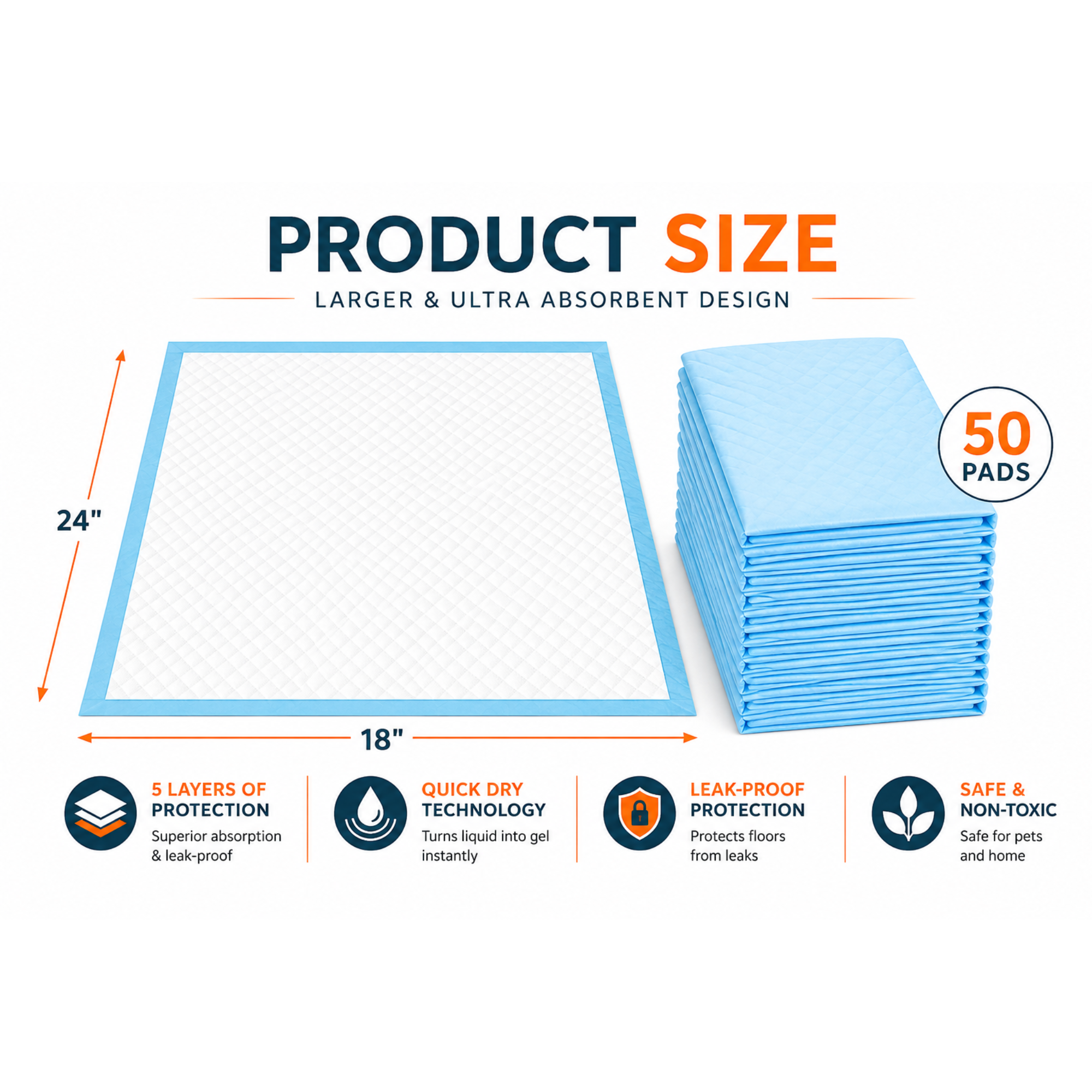 Aurora Pet Regular 50 Count Puppy Pee Pads - 18 x 24 Inch Dimensions | AP-M50