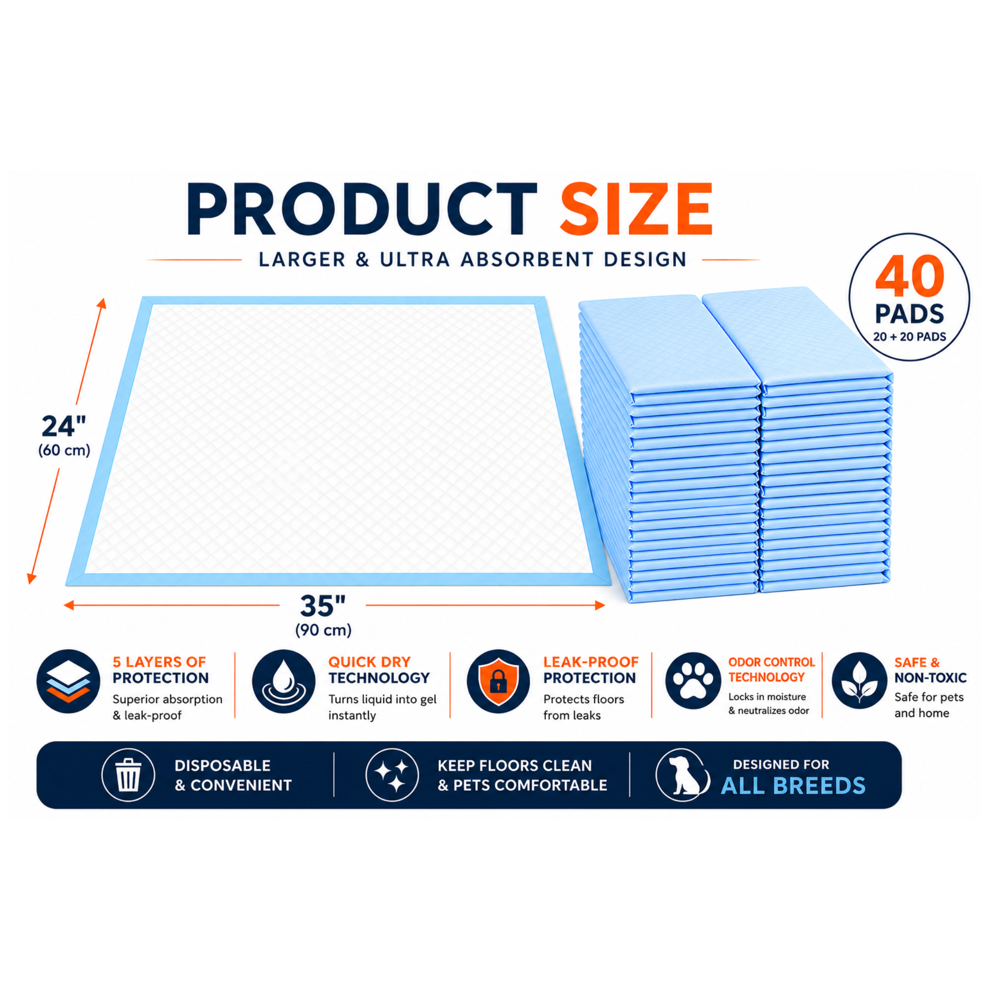 Aurora Pet X-Large 40 Count Puppy Pee Pads - 24 x 35 Inch Dimensions | AP-XL40