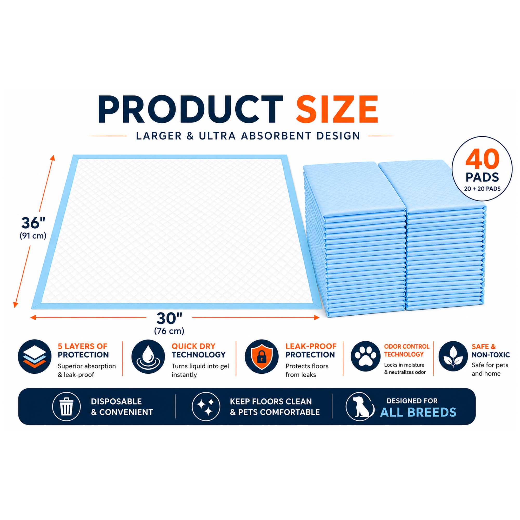 Aurora Pet XX-Large 40 Count Puppy Pee Pads - 30 x 36 Inch Dimensions | AP-XXL40